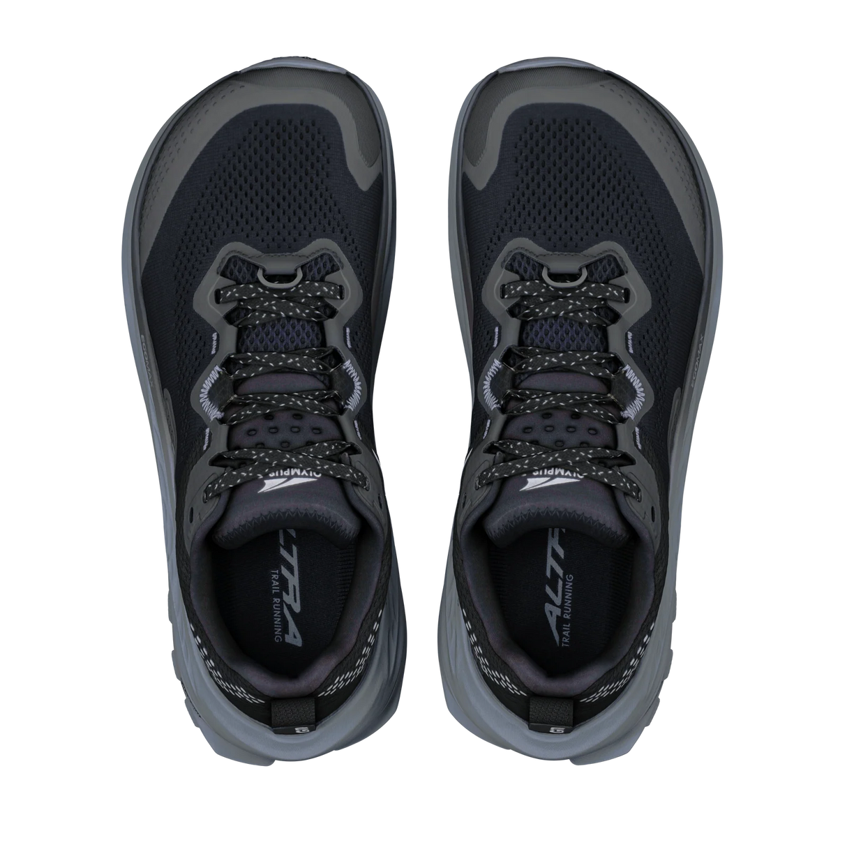 A pair of HOKA running shoes shown from a top-down view, featuring a dark navy blue mesh upper with gray and black accents, gray laces, and a gray sole. - Altra Olympus 7 Shoes (Women's) - Black/Silver/Castlerock