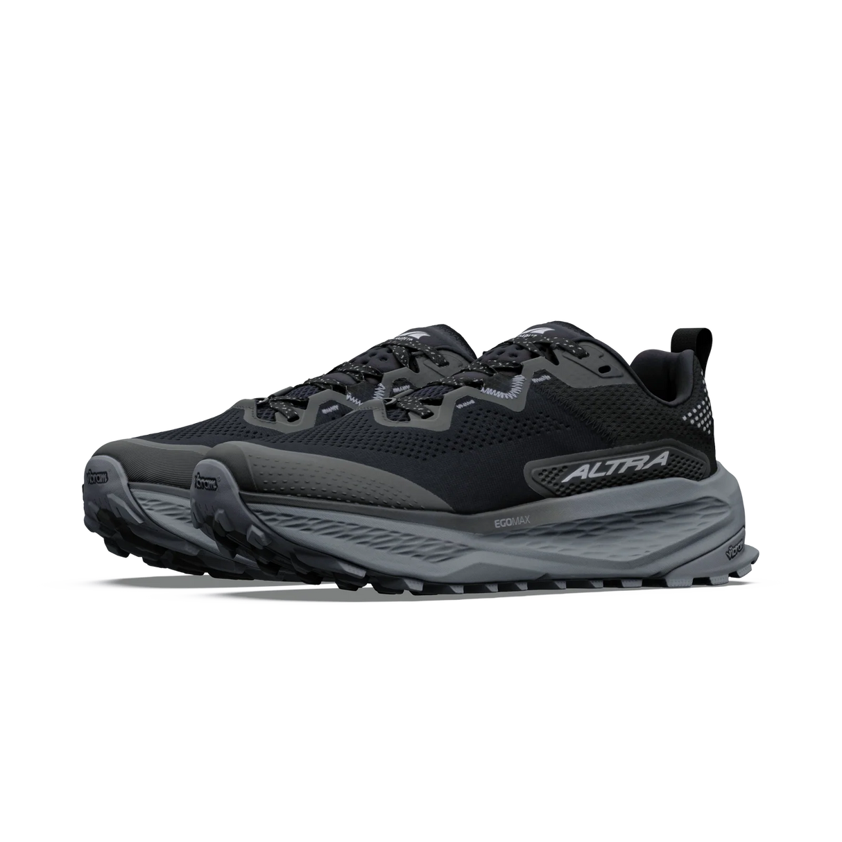 A pair of black and dark gray trail running shoes with a thick cushioned sole, shown from a side profile view on a white background. - Altra Olympus 7 Shoes (Women's) - Black/Silver/Castlerock