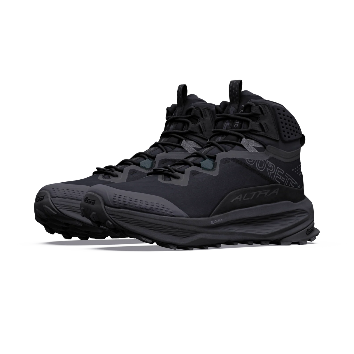 A pair of black Altra Gore-Tex mid-height hiking boots shown from a side profile view against a solid white background. - Altra Olympus 7 Hike Mid GORE-TEX Boots (Men's) - Black/Shadow