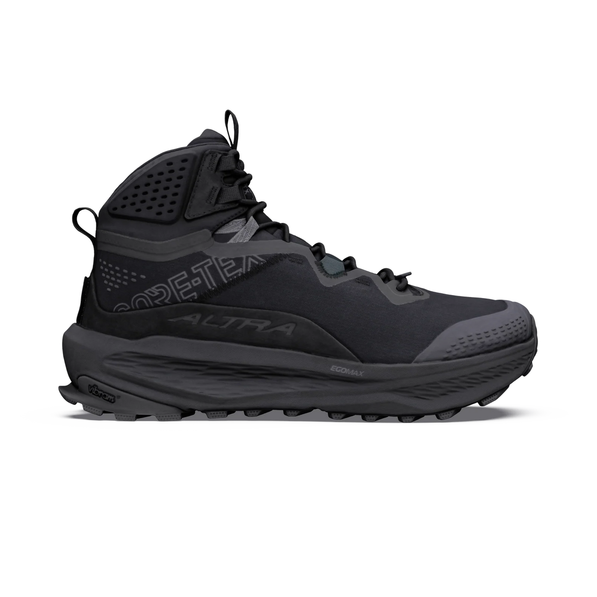 A dark gray and black high-top hiking boot shown from the side profile on a clean white background. The boot features 'CORE-TEC' and 'ALTRA' branding on the side. - Altra Olympus 7 Hike Mid GORE-TEX Boots (Men's) - Black/Shadow
