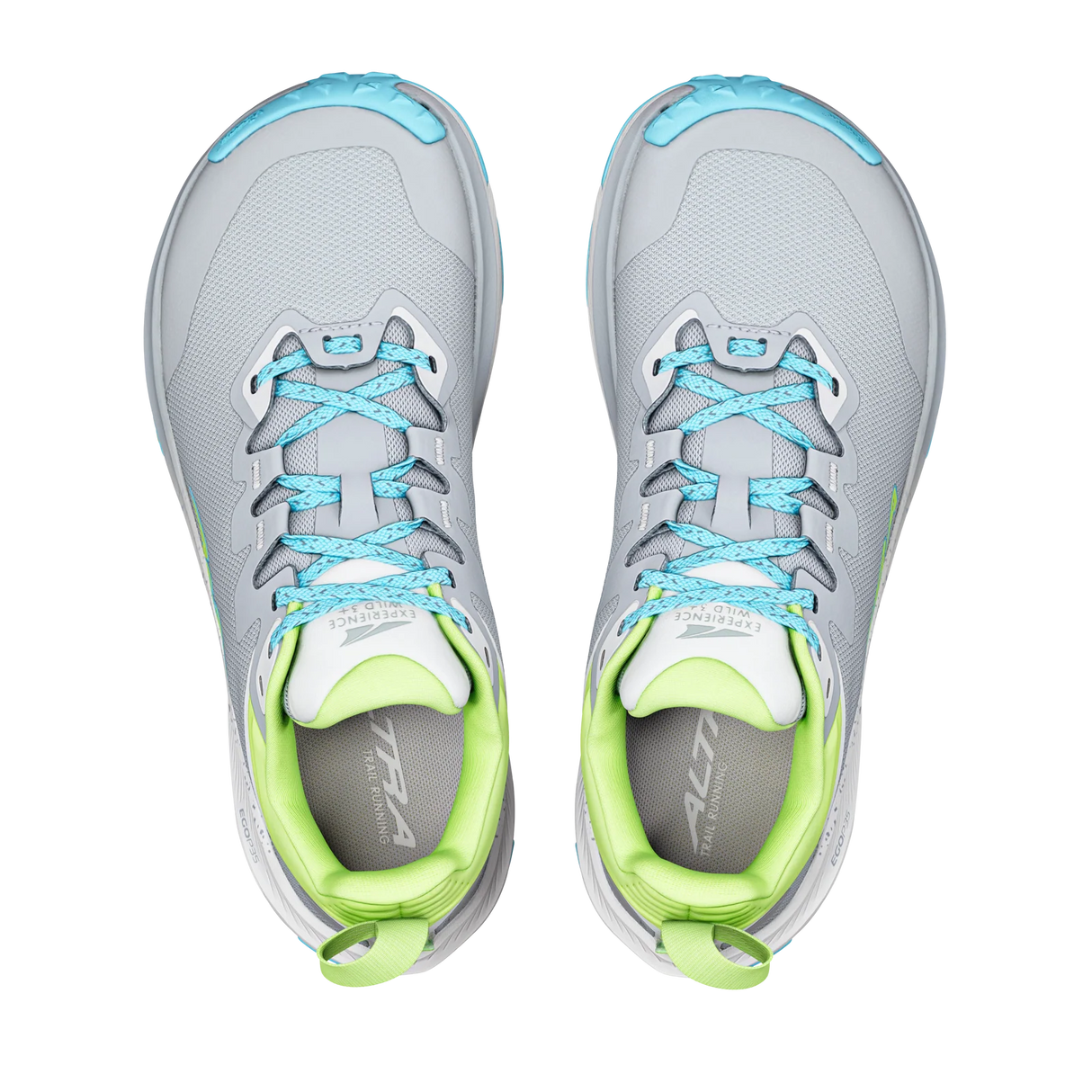A pair of Altus hiking shoes shown from a top-down view, featuring a light gray mesh upper with light blue laces and toe accents, and a bright lime green collar lining. - Altra Experience Wild 3+ Shoes (Women's) - High Rise/Green