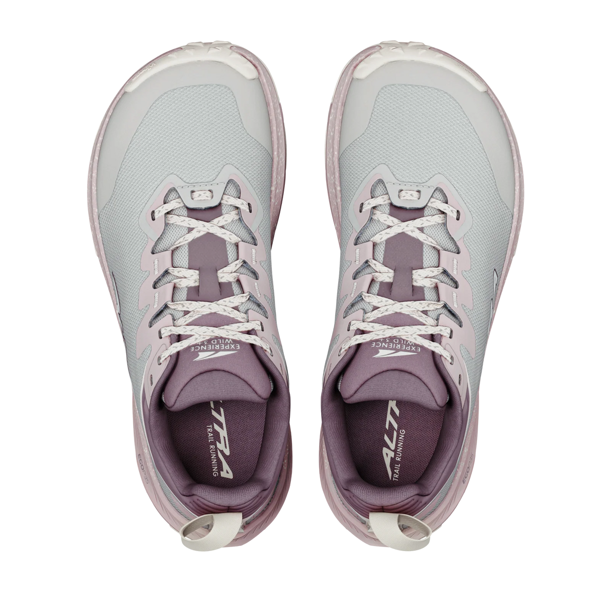A pair of Altra running shoes shown from a top-down view, featuring a light gray mesh upper with dusty purple accents, white laces, and a white outsole. - Altra Experience Wild 3+ Shoes (Women's) - Grey/Pearl