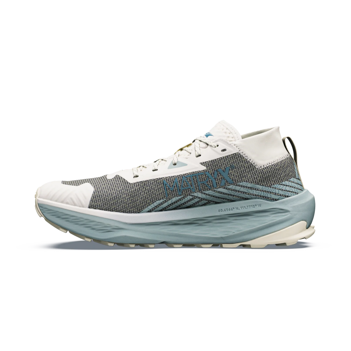 A single Altra running shoe shown in a side profile on a clean white background. The shoe features a gray and white knit upper with a light blue and white midsole, and the Altra brand name is visible on the side. - Altra Olympus 275 HiLo Shoes (Men's) - Grey/Sea Pine