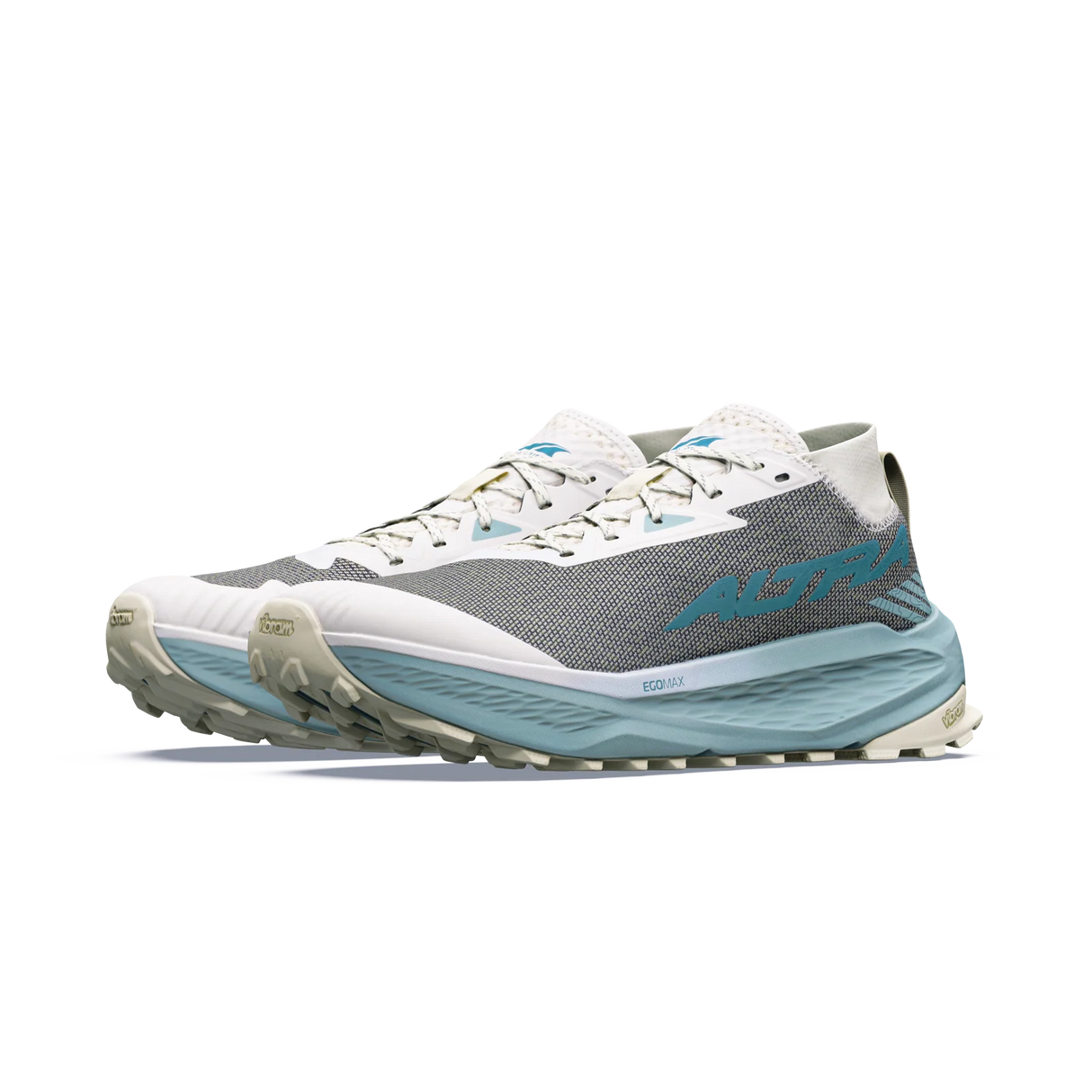A pair of Altra trail running shoes in gray, white, and light blue, shown from a side profile view on a white background. - Altra Olympus 275 HiLo Shoes (Men's) - Grey/Sea Pine