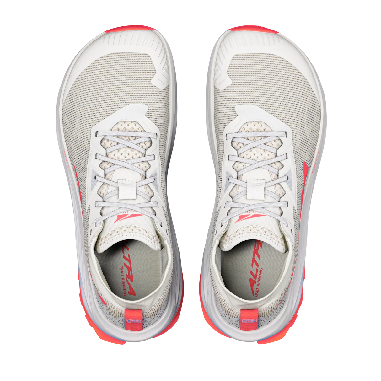 A pair of Hoka running shoes shown from a top-down view, featuring a light gray and white mesh upper with bright coral pink accents on the outsole, heel pull tabs, and inner lining. - Altra Olympus 275 HiLo Shoes (Women's) - Grey/Coral