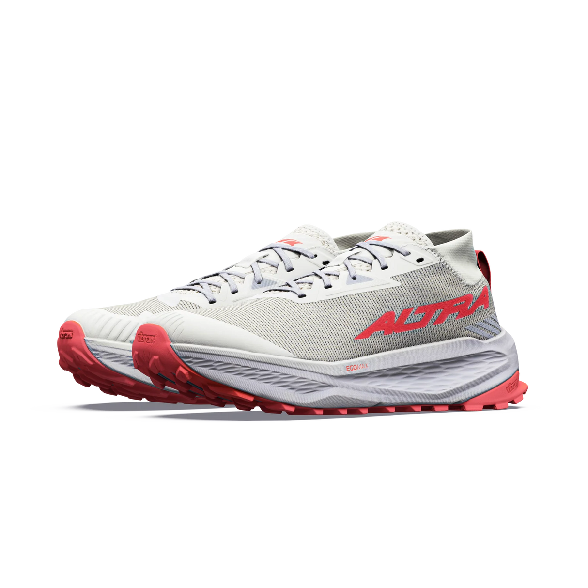 A pair of Altra running shoes in white and light gray with bright red accents on the outsole, heel, and logo, shown against a solid white background. - Altra Olympus 275 HiLo Shoes (Women's) - Grey/Coral