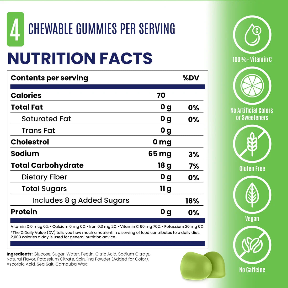 Nutrition facts label for chewable gummies with green background and icons. - SaltStick Energy Gummies - Green Apple -