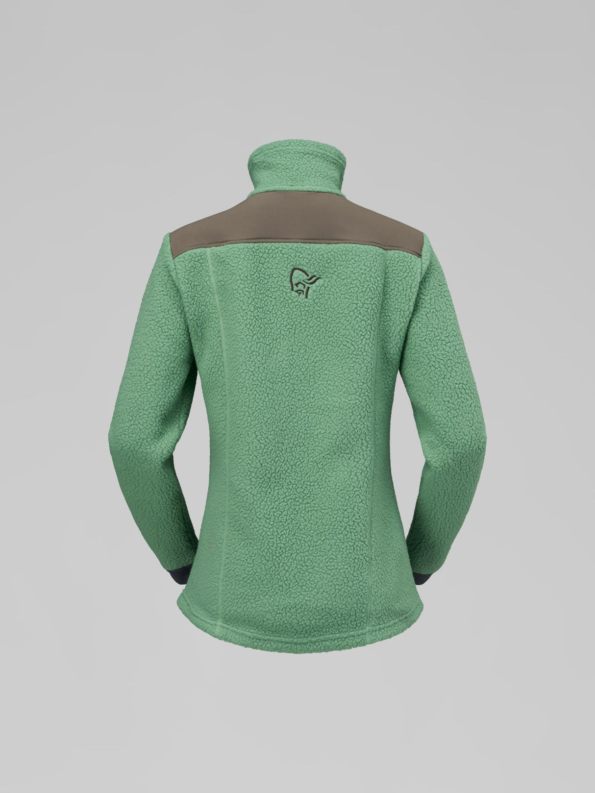 A green fleece pullover jacket with a high mock neck collar and contrasting brown shoulder panels, shown from the back on a neutral gray background. - Norrøna Trollveggen Warm3 Jacket (Women's) - Dark Ivy