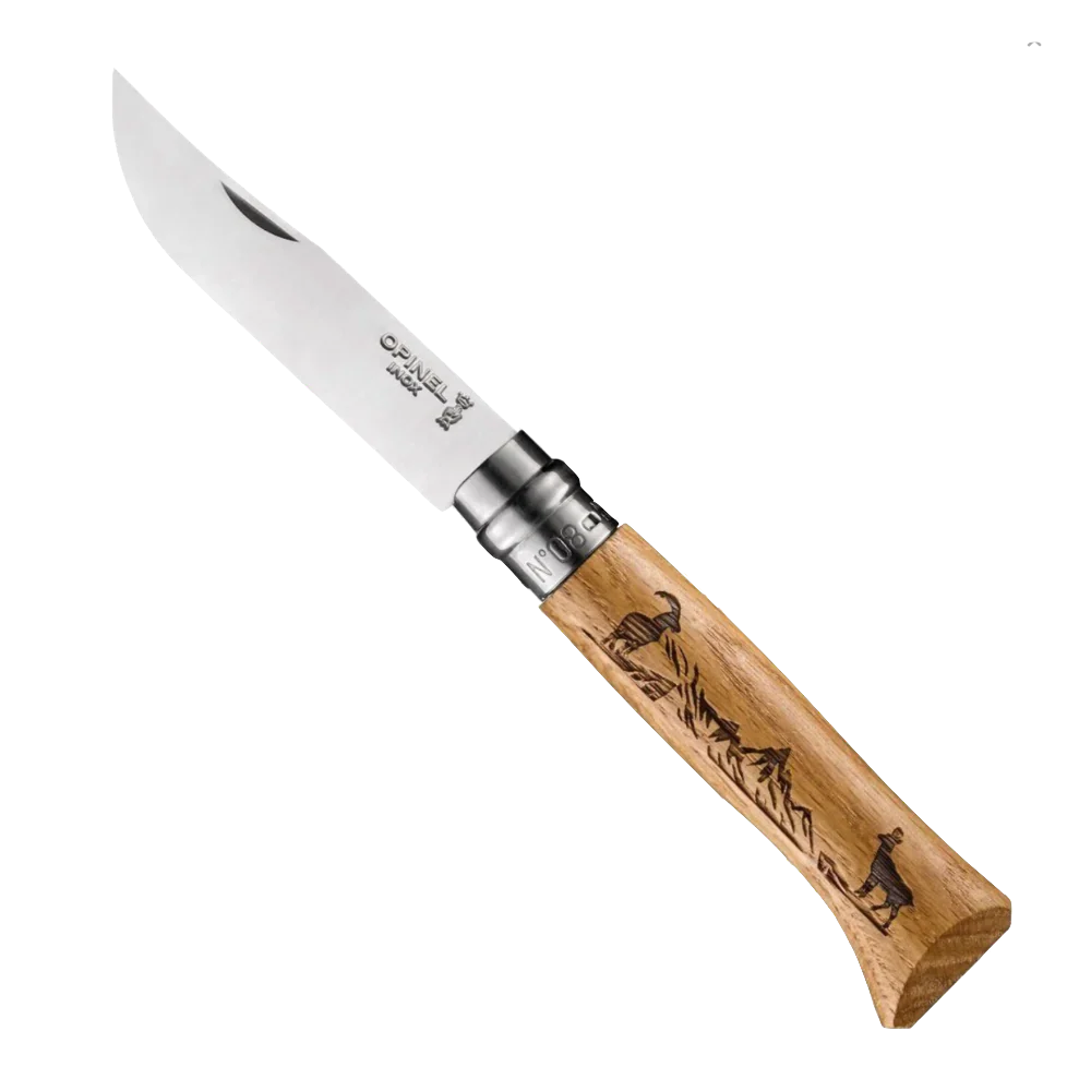 Opinel No°08 Oak Engraved Handle Folding Knife - Animalia Opinel