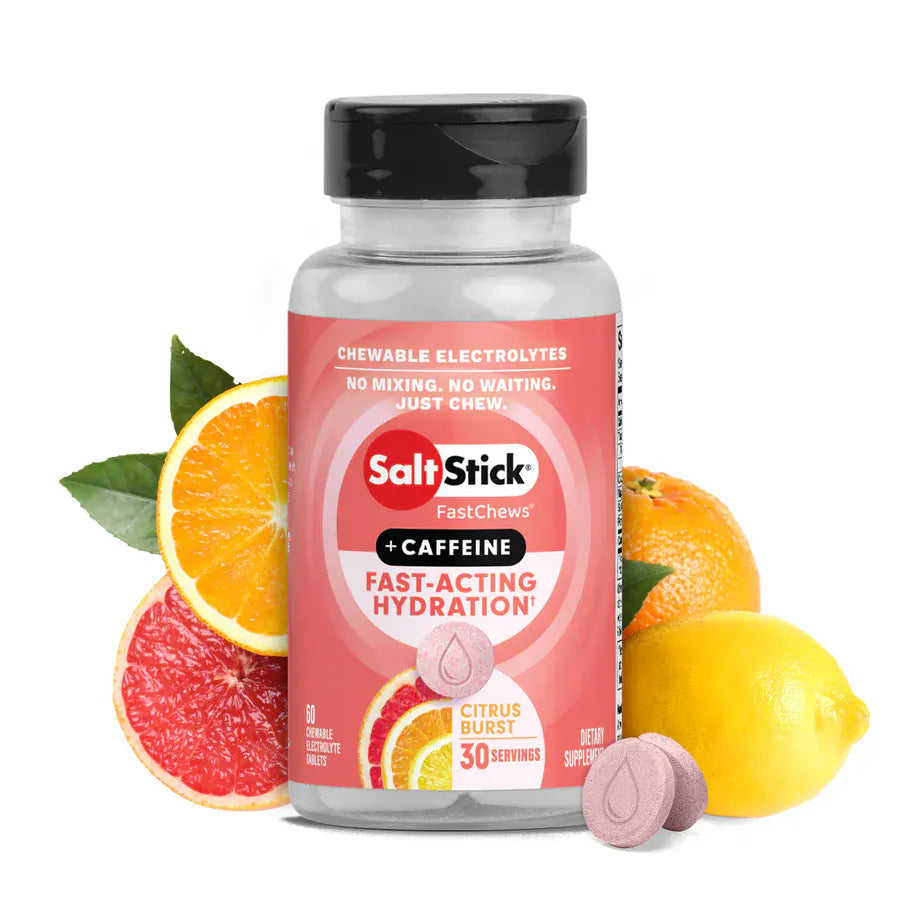 SaltStick supplement bottle with citrus fruits on a white background - SaltStick FastChews - Citrus Burst