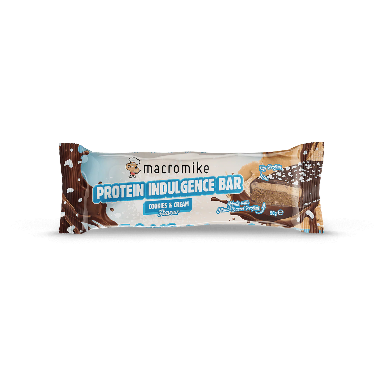A packaged protein indulgence bar in a cookie and cream flavor, wrapped in a brown and light blue wrapper with chocolate splash graphics, on a white background. - Macro Mike Protein Indulgence Bar (50g) - Cookies & Cream