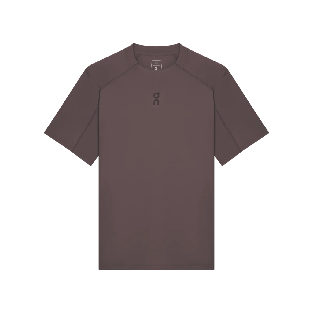 A dark brown short-sleeve athletic t-shirt with a small dark logo on the left chest, displayed on a clean white background. - On Trail-T Solar (Men's) - Mulberry