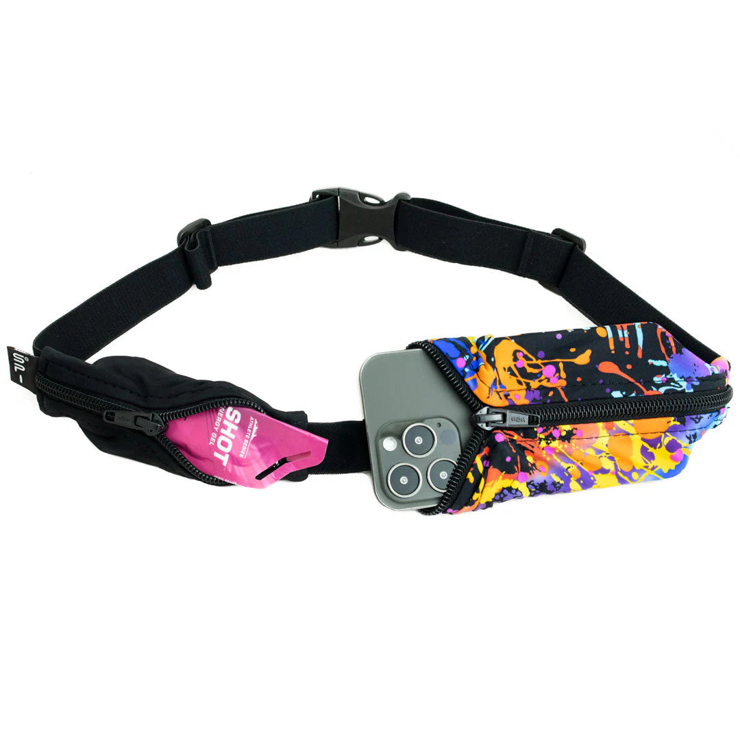 Multicolored fanny pack with a phone case attached on a white background - SPIbelt Dual Pocket Belt - Rave