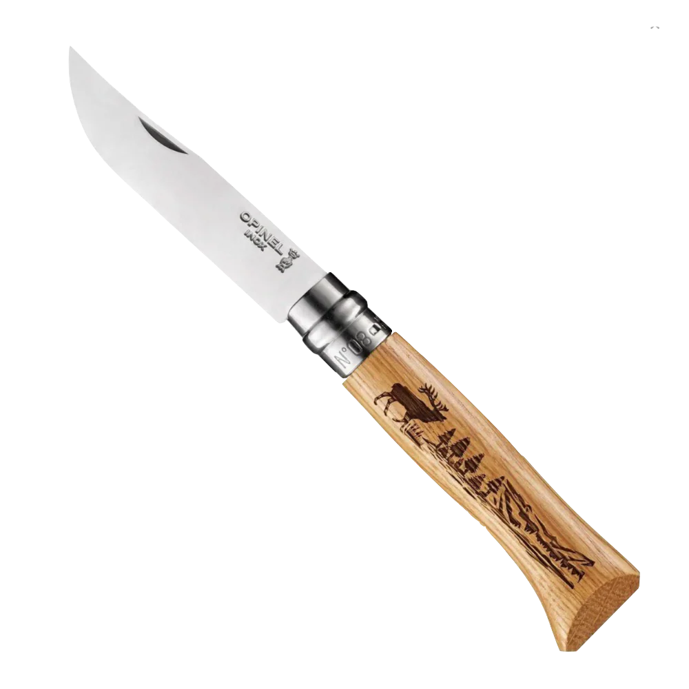 Opinel No°08 Oak Engraved Handle Folding Knife - Animalia Opinel