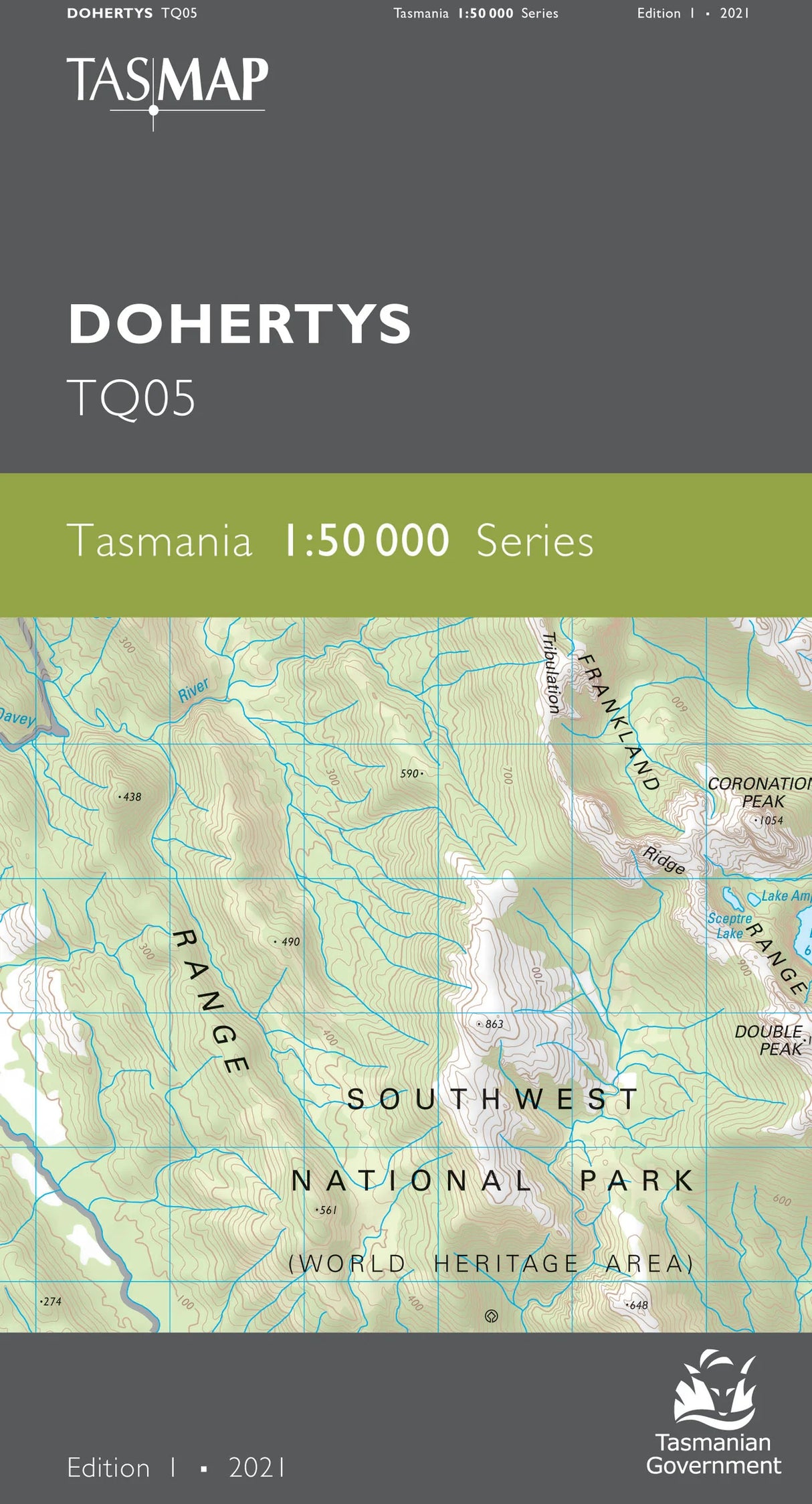 Front cover of a TASMAP Tasmania 1:50 000 Series map for Doherty's TQ05, showing a topographic map of Southwest National Park with a dark gray header and footer. - Tasmap 1:50000 Topographic/Cadastral Maps - Dohertys