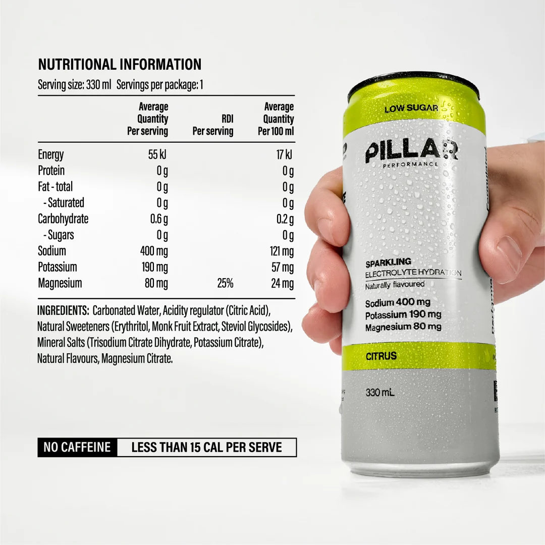 Pillar Performance drink can with nutritional information displayed on a white background - Pillar Performance Sparkling Electrolyte Hydration - Citrus Ingredients and Nutritional Information