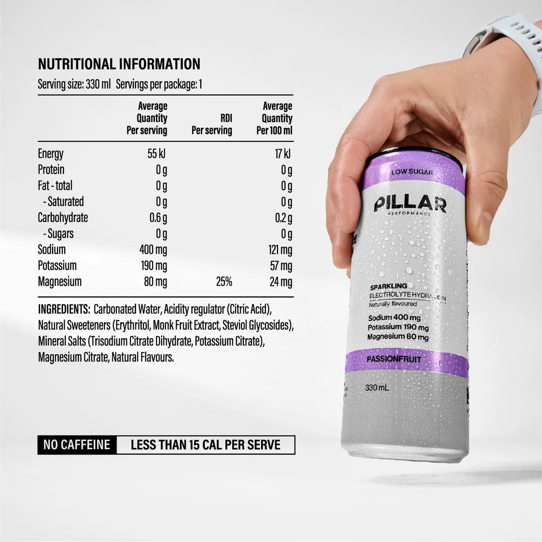 A hand holds a sparkling electrolyte drink can from PILLAR Performance against a light gray background. The can is silver with purple accents and the text 'PASSIONFRUIT'. - Pillar Performance Sparkling Electrolyte Hydration - Passionfruit Ingredients and Nutritional Information
