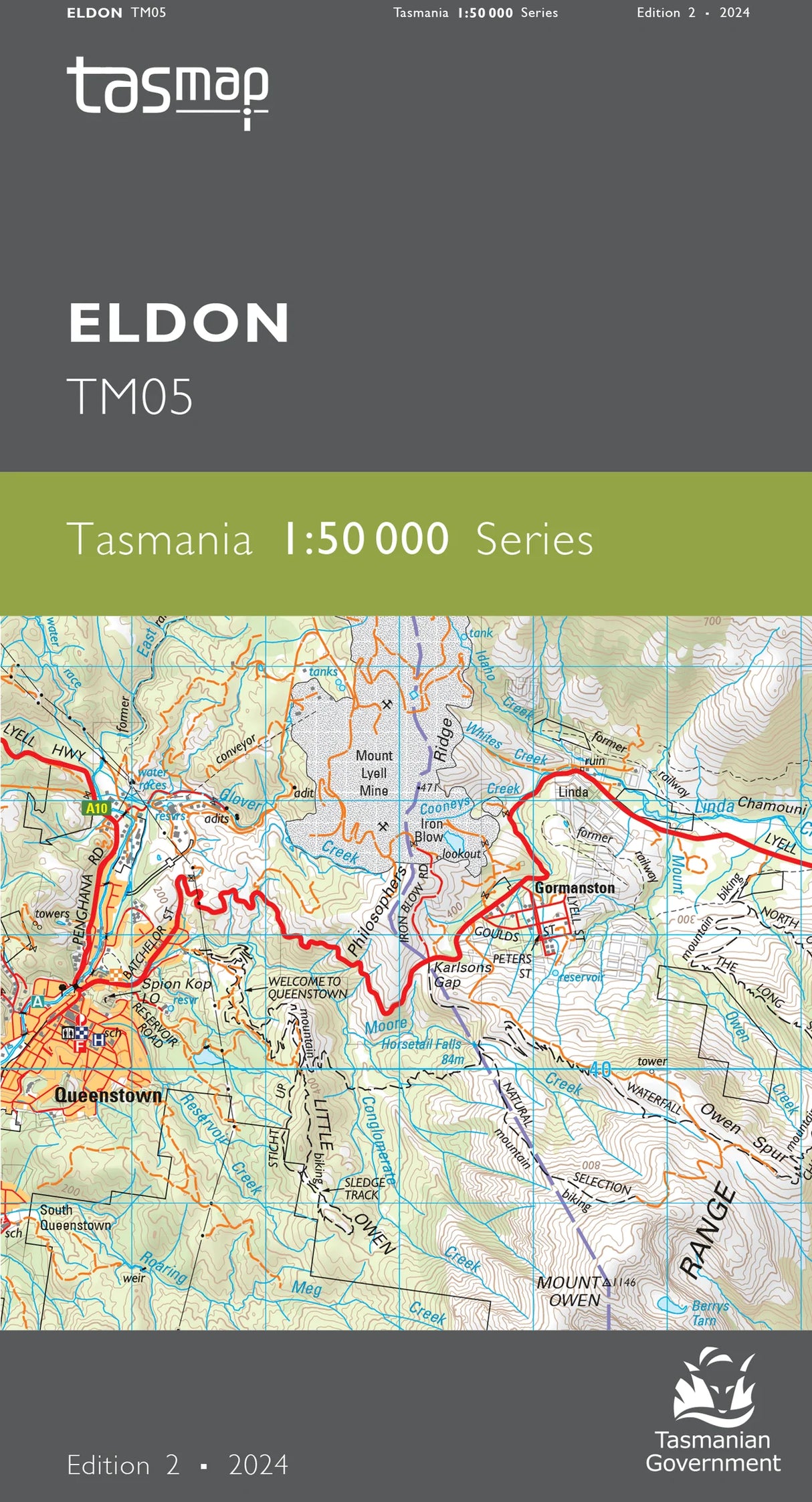 Front cover of a Tasmap map publication for Eldon TM05, showing the Tasmap logo, edition text, and a topographic map of Mount Elgon in Tasmania. - Tasmap 1:50000 Topographic/Cadastral Maps - Eldon