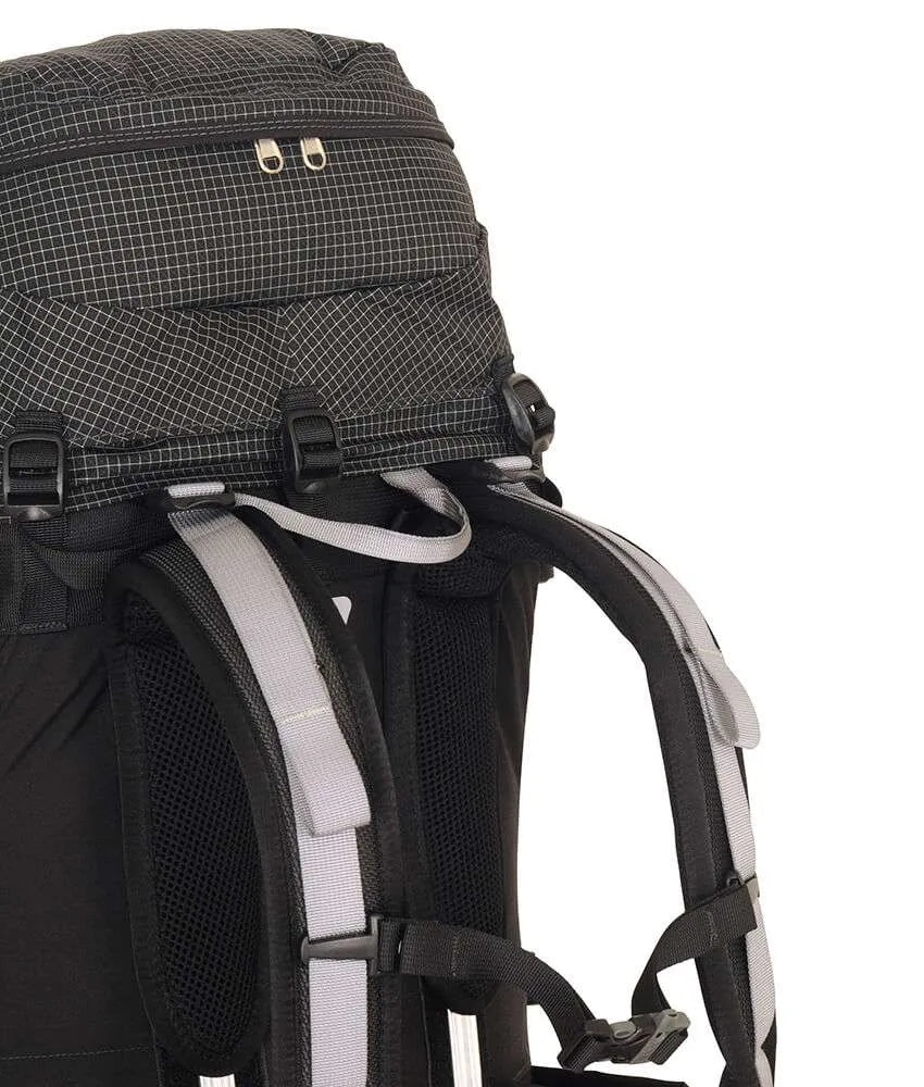 Close-up of the back of a black hiking backpack with gray padded shoulder straps and mesh ventilation panels, shown on a white background. - One Planet Extrovert 55L Pack - Black