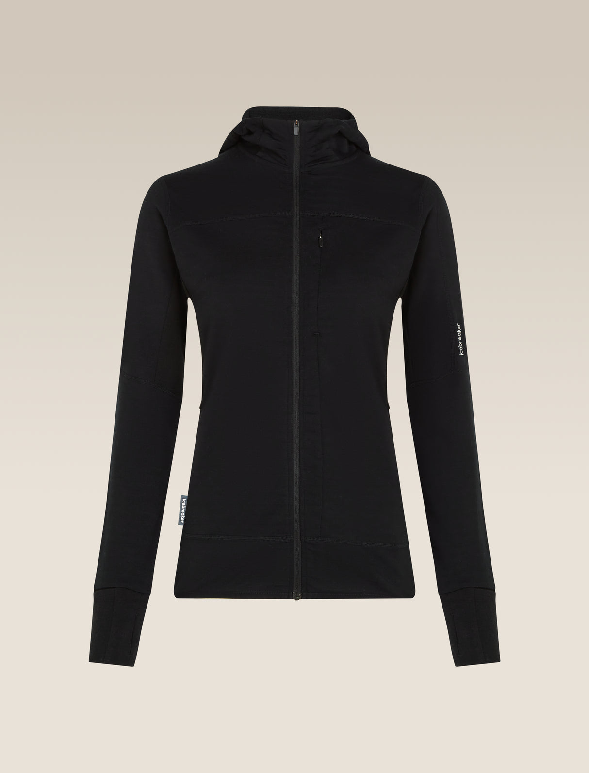 A black hooded zip-up jacket displayed on a headless mannequin against a solid, warm off-white background. - Icebreaker Merino Blend 300 RealFleece Descender Long Sleeve Zip Hoodie (Women's) - Black