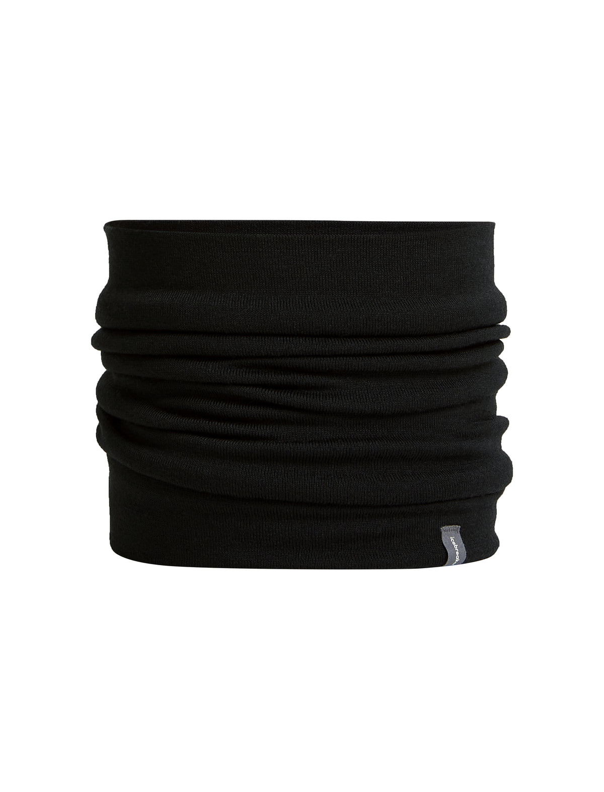 A black ribbed knit neck gaiter or balaclava headband, folded to show its thickness and texture, with a small gray tag on the bottom right edge, set against a plain white background. - Icebreaker Merino 260 Apex Chute (Unisex) - Black