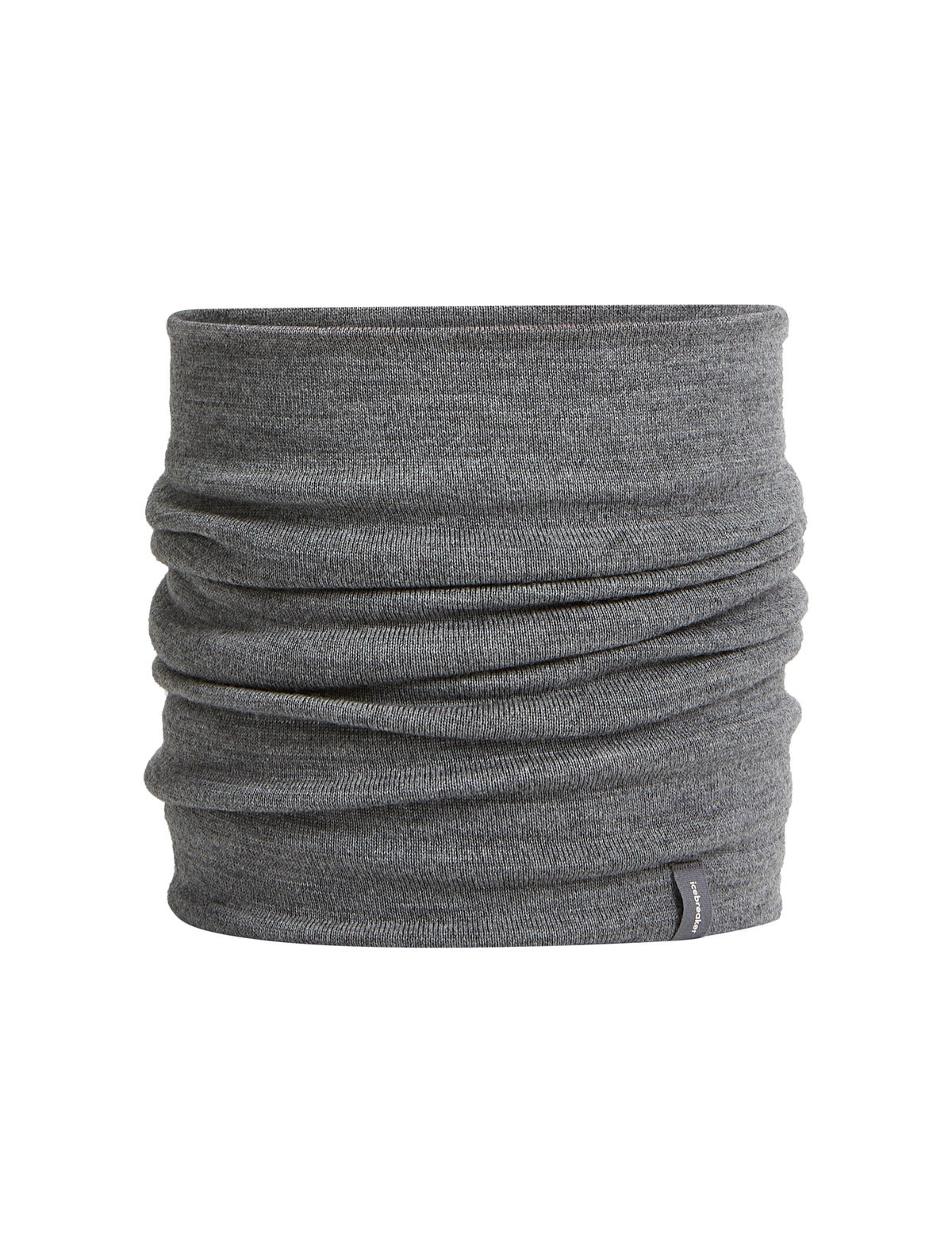 A heather gray knit neck gaiter or balaclava shown folded to display its soft texture and pliable shape, set against a plain white background. - Icebreaker Merino 260 Apex Chute (Unisex) - Gritstone Heather