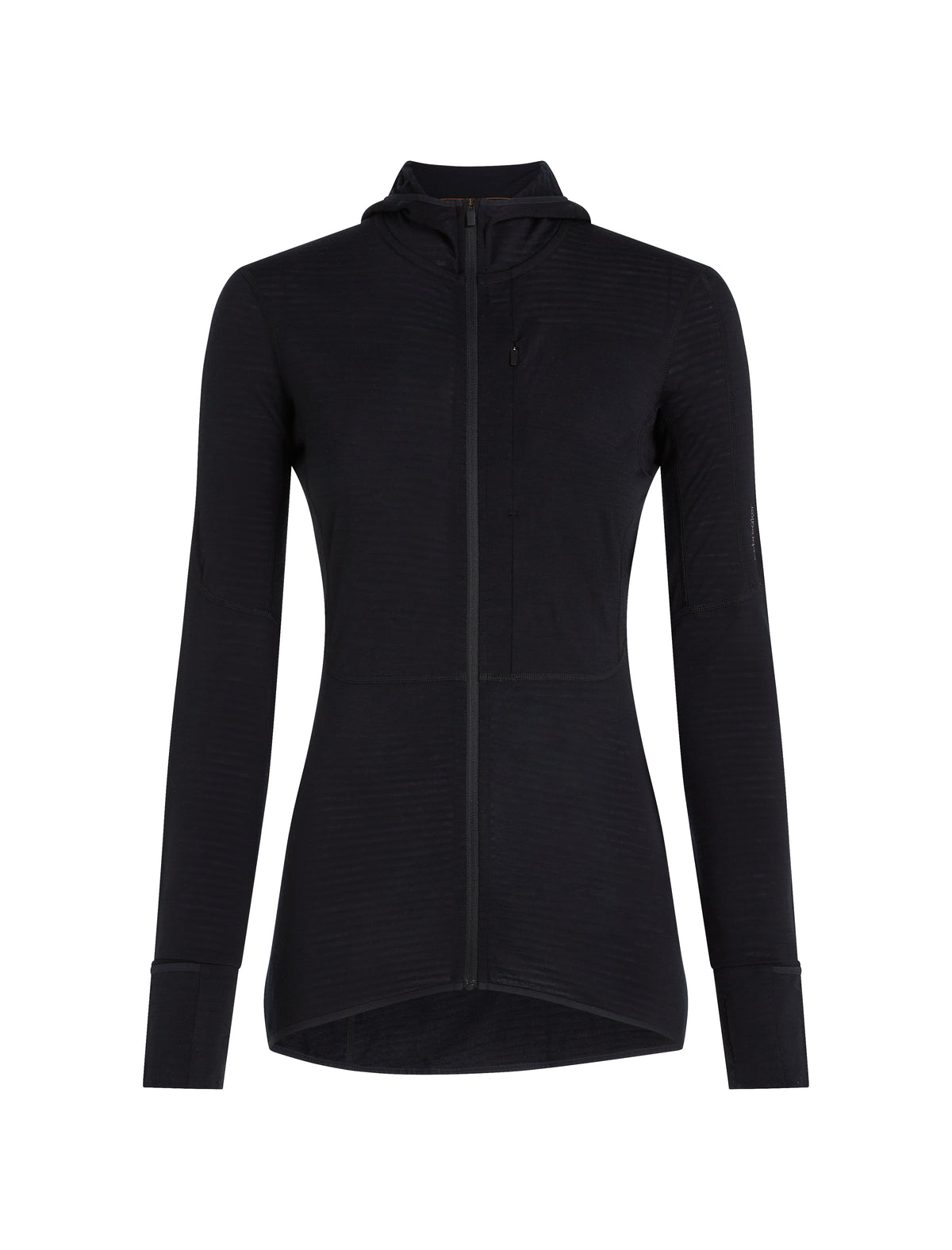 A black long-sleeve hooded zip-up athletic jacket with a subtle ribbed texture, shown on a plain white background. - Icebreaker Merino Blend 200 RealFleece Descender Long Sleeve Zip Hoodie (Women's) - Black
