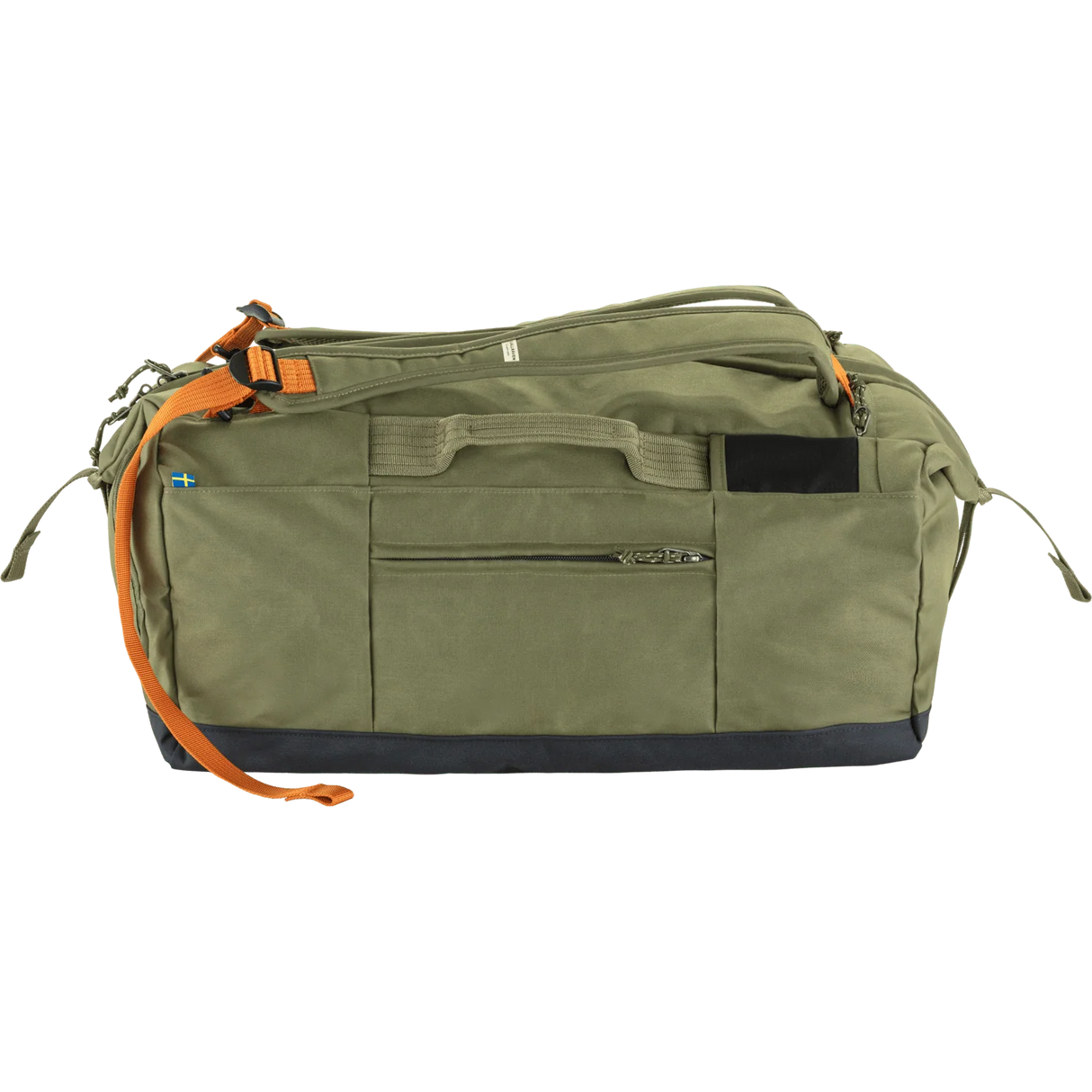 An olive green duffel bag with a dark navy base and bright orange straps, shown against a plain white background. - Fjällräven Färden Duffel 50 - Greeb