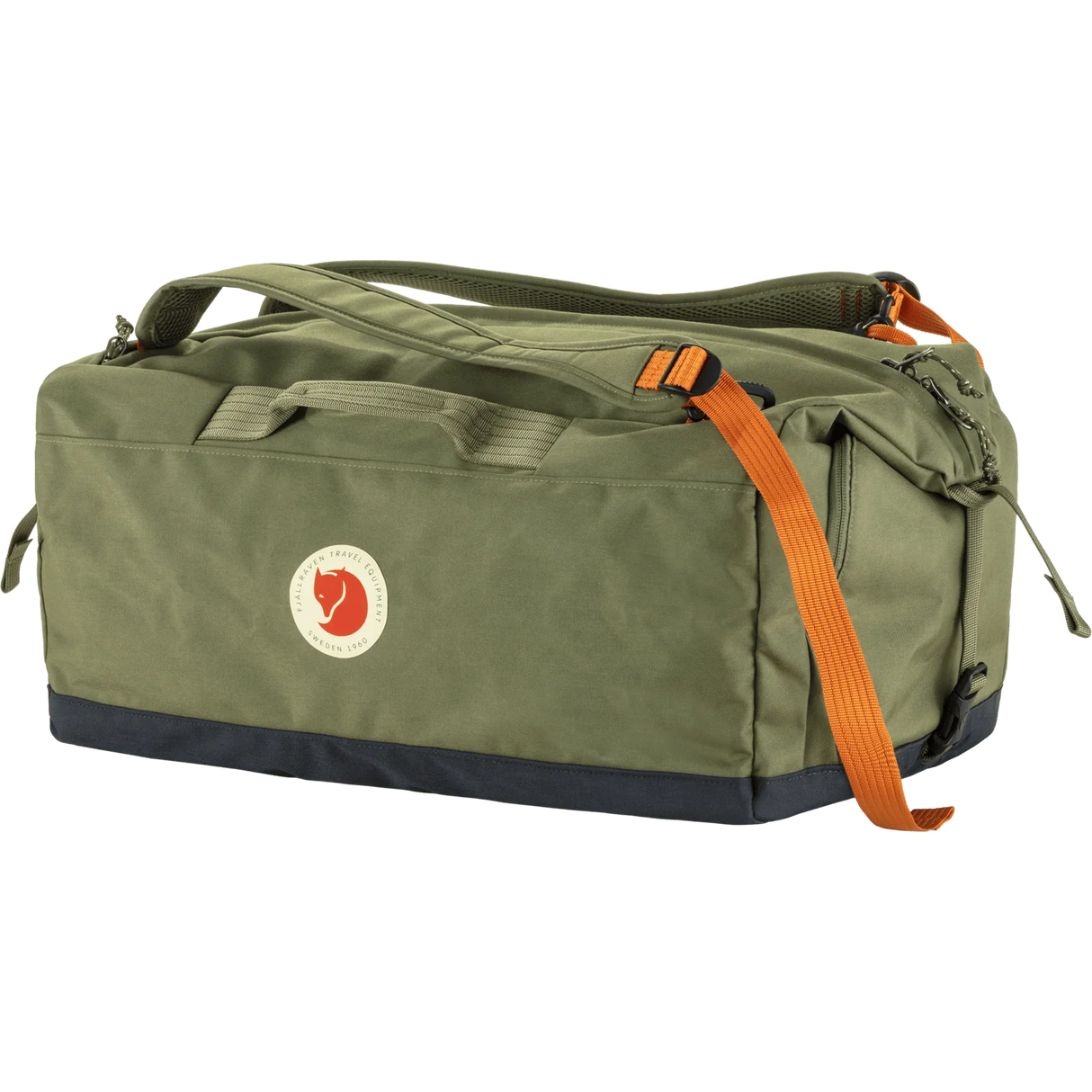 Fjäl green duffel bag with an orange webbing strap and a navy blue base, featuring the brand's circular fox logo on the front. - Fjällräven Färden Duffel 50 - Greeb