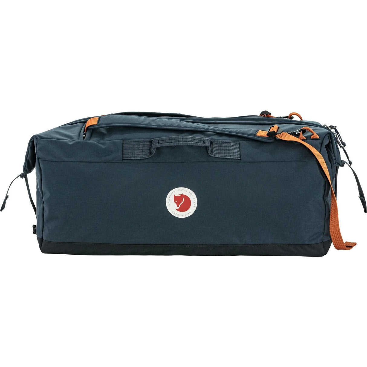 Blue duffel bag with orange straps on a white background - Fjällräven Färden Duffel 80L - Navy