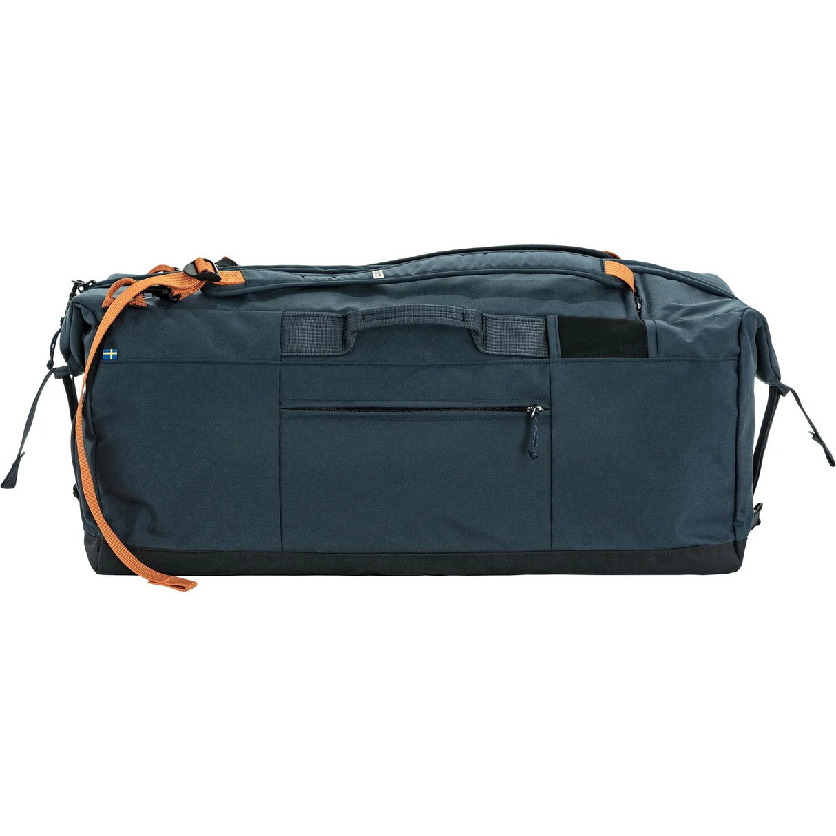 Dark blue duffel bag with orange accents on a white background - Fjällräven Färden Duffel 80L - Navy