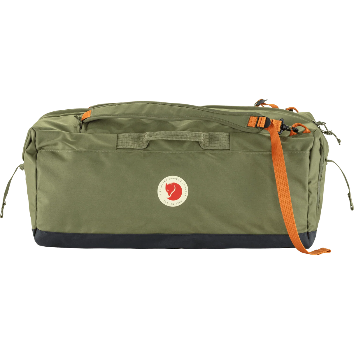 Fjäl green duffel bag with a black bottom panel and orange accents, including a logo patch and straps, on a white background. - Fjällräven Färden Duffel 80L - Green
