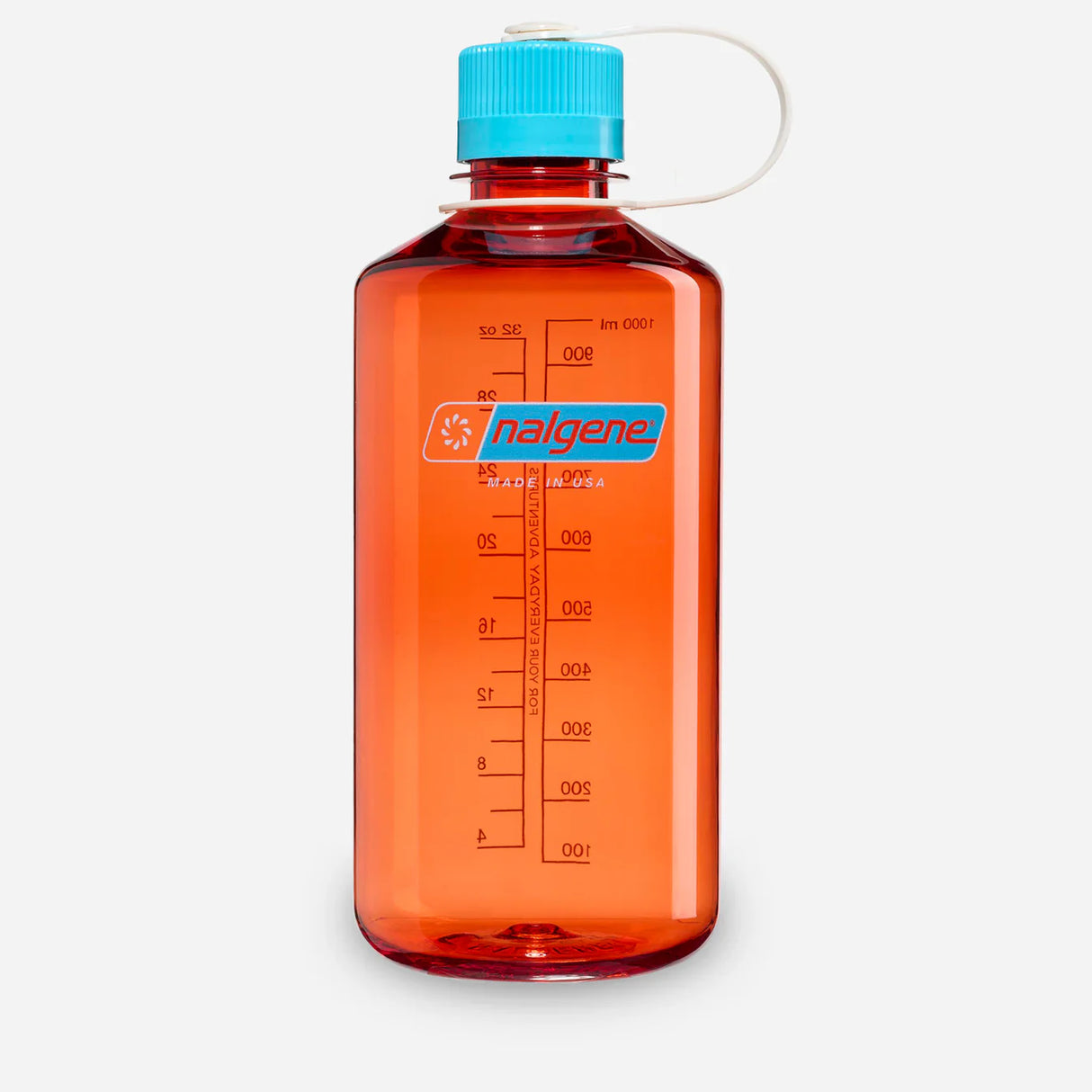 Orange Nalgene water bottle with a blue cap on a white background - Nalgene Narrow Mouth Sustain Water Bottle (1L) - Flame With Blue Atoll