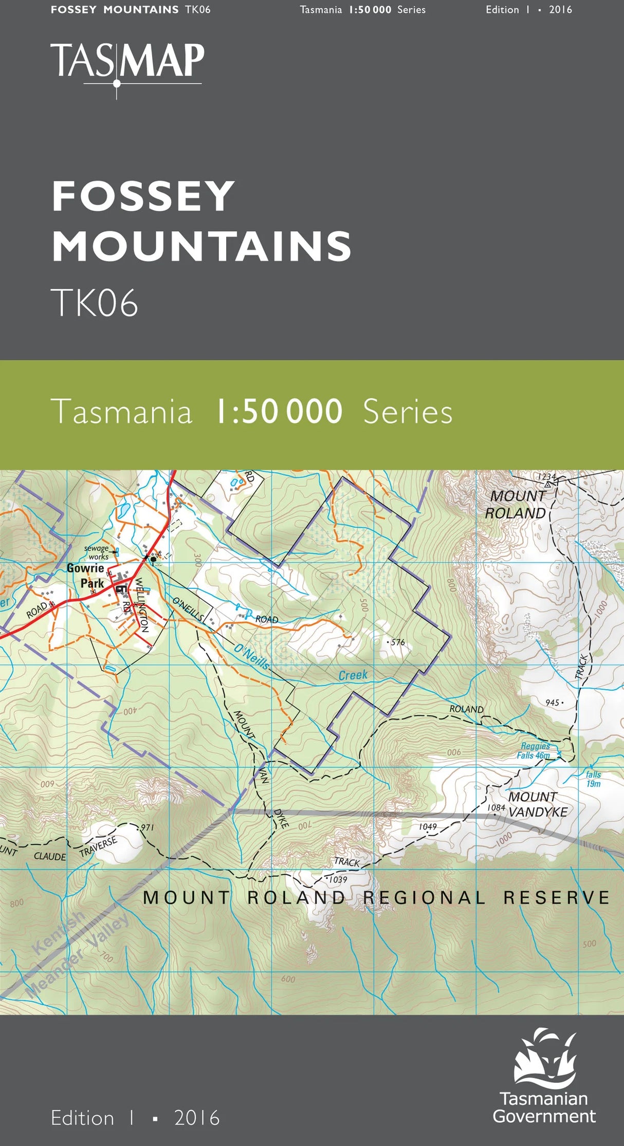 Tasmanian Government TASMAP Fossey Mountains TK06 map cover, showing a topographic map of Mount Roland Regional Reserve with a dark gray header and green band. - Tasmap 1:50000 Topographic/Cadastral Maps - Fossey Mountains