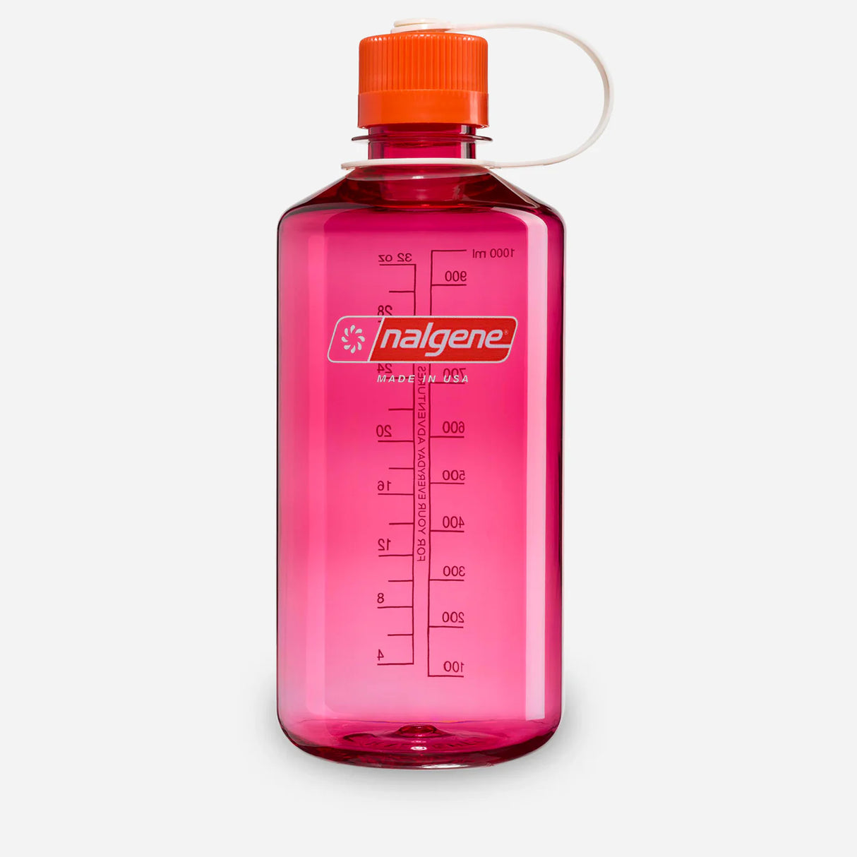 Pink water bottle with orange cap on a white background - Nalgene Narrow Mouth Sustain Water Bottle (1L) - Fuchsia Purple With Flame