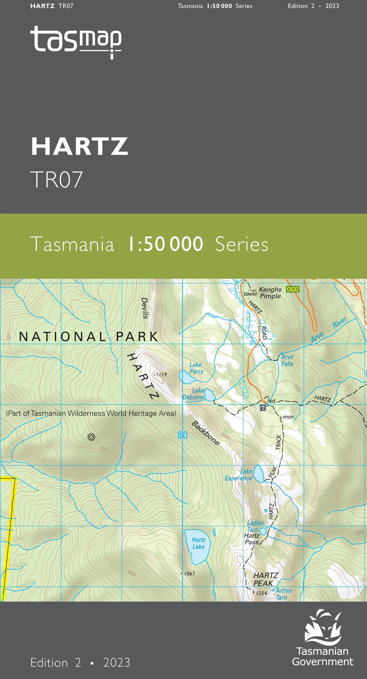 Front cover of a Tasmap Hartz TR07 map publication for Tasmania, showing a topographic map section with National Park, roads, contour lines, and water features on a dark gray and olive-green cover design. - Tasmap 1:50000 Topographic/Cadastral Maps - Hartz