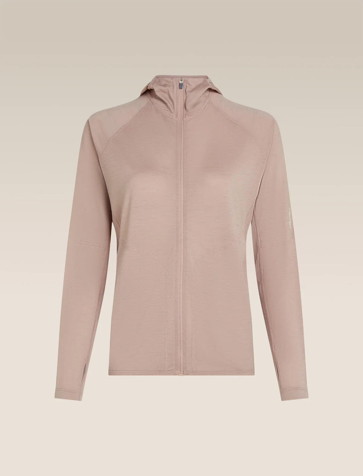 A light dusty pink hooded zip-up athletic jacket displayed on a clean, solid beige background. - Icebreaker 150 MerinoFine Ace Long Sleeve Zip Hoodie (Women's) - Pink Quartz