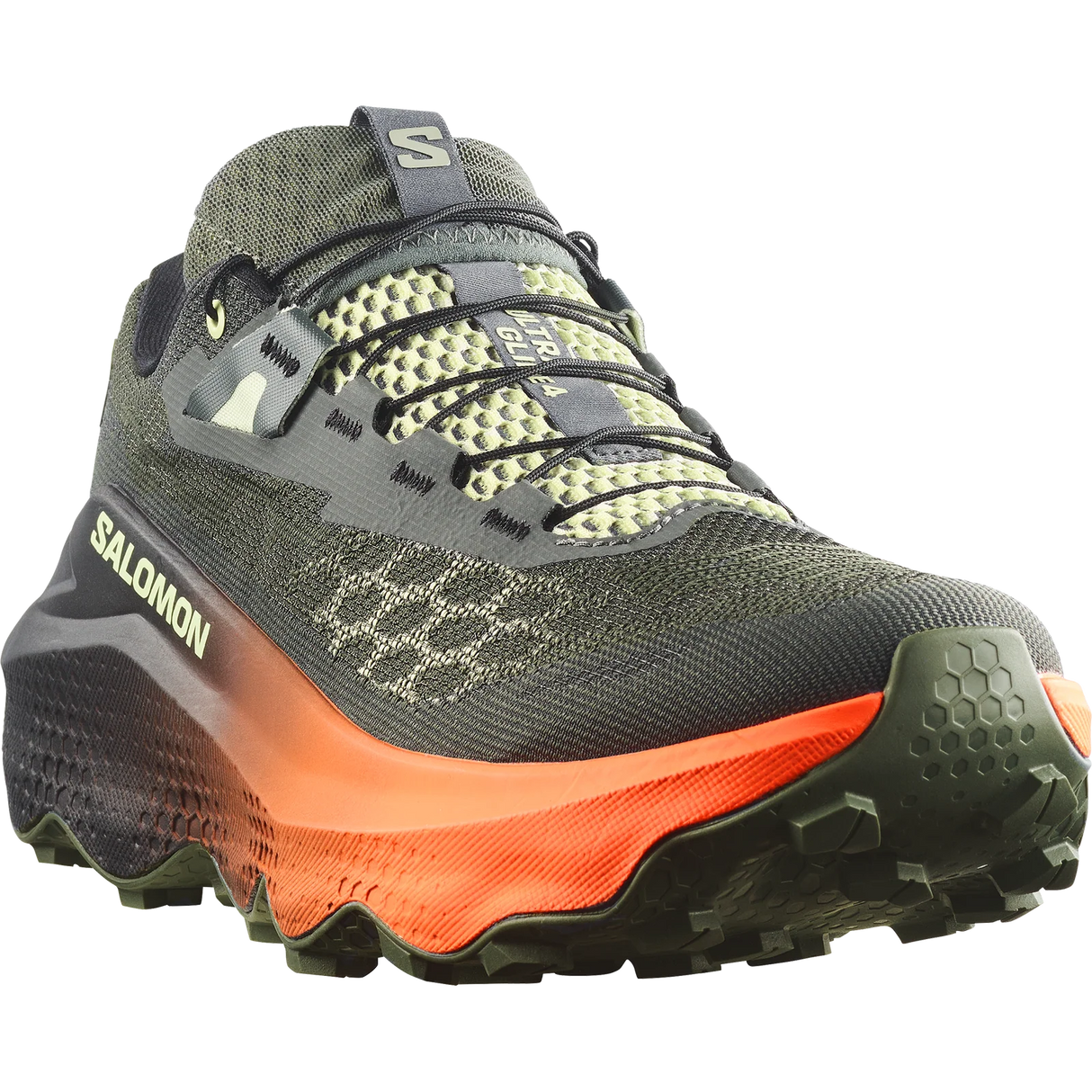 Salomon trail running shoe in dark olive green and black with a bright orange midsole and lime green accents, shown on a white background. - Salomon Ultra Glide 4 Shoes (Men's) - Urban Chic/Black/Lime Cream