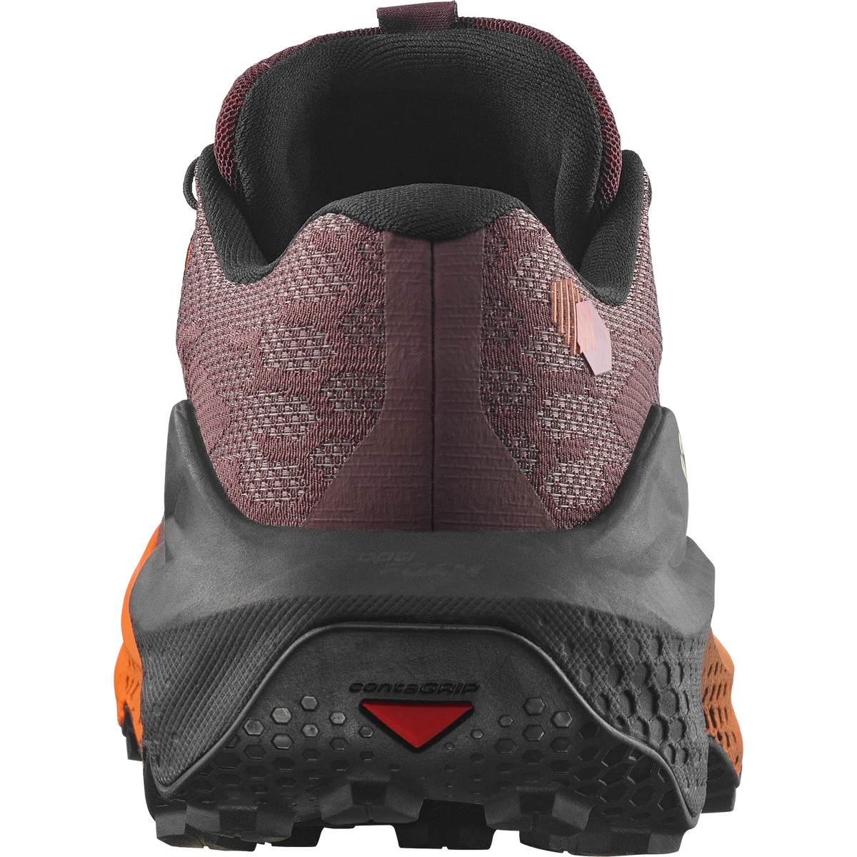 Close-up rear view of a trail running shoe showing the heel counter, textured burgundy mesh upper, black midsole, and bright orange outsole accents on a white background. - Salomon Ultra Glide 4 Shoes (Women's) - Huckleberry/Black/Red Orange