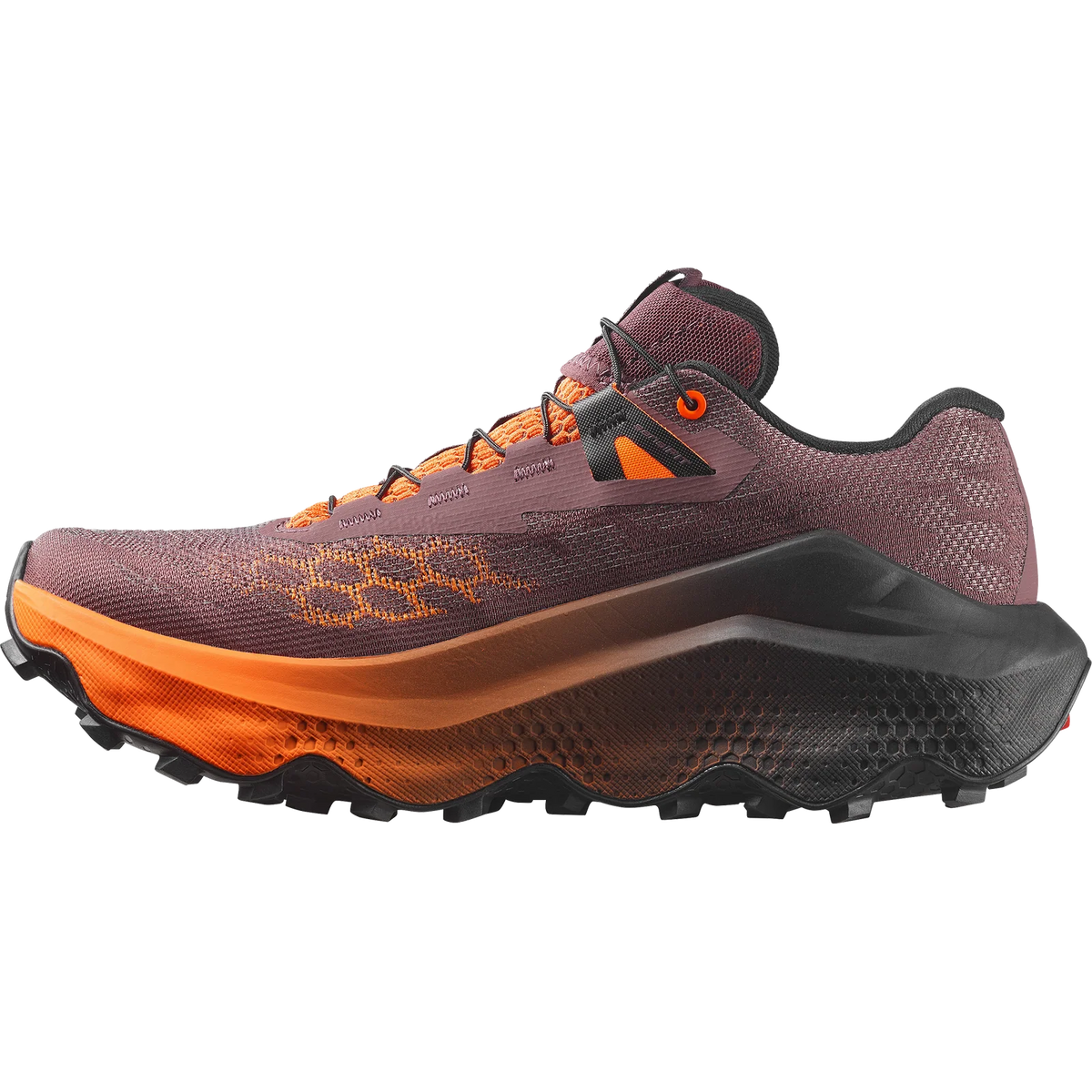 A trail running shoe in a dark plum-brown mesh upper with bright orange accents, a thick black and orange midsole, and a rugged black outsole, shown from a side profile on a white background. - Salomon Ultra Glide 4 Shoes (Women's) - Huckleberry/Black/Red Orange