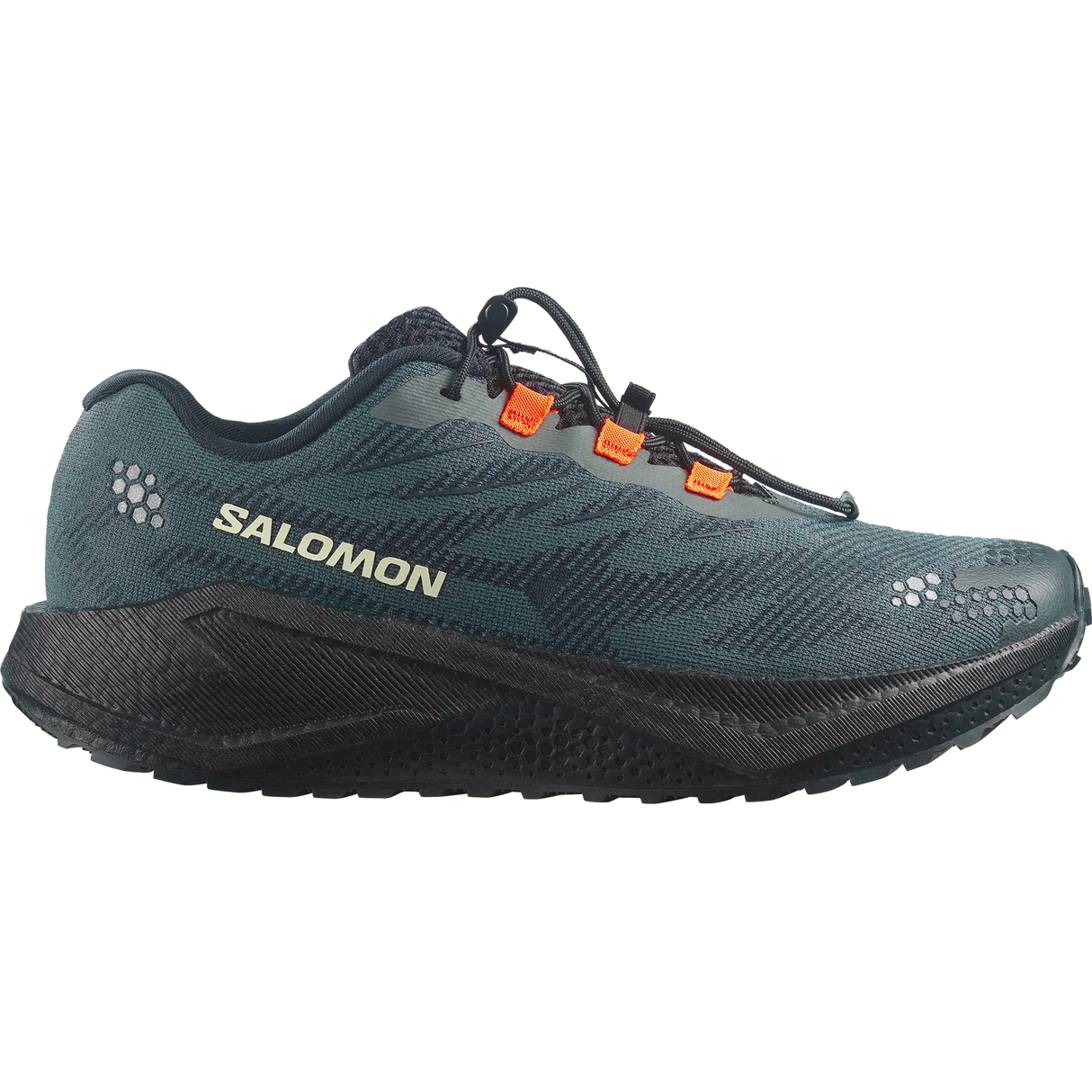 A Salomon trail running shoe in dark teal and black with bright orange lace hooks, shown in a side profile on a white background.- Salomon Aero Blaze 4 GRVL Shoes (Men's) - Urban Chic/Black/Lime Cream