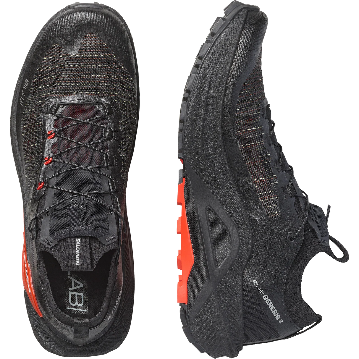 Black Salomon Abi trail running shoes shown from the top and side views against a white background. - Salomon S/LAB Genesis 2 Shoes (Unisex) - Black/Black/Fiery Red