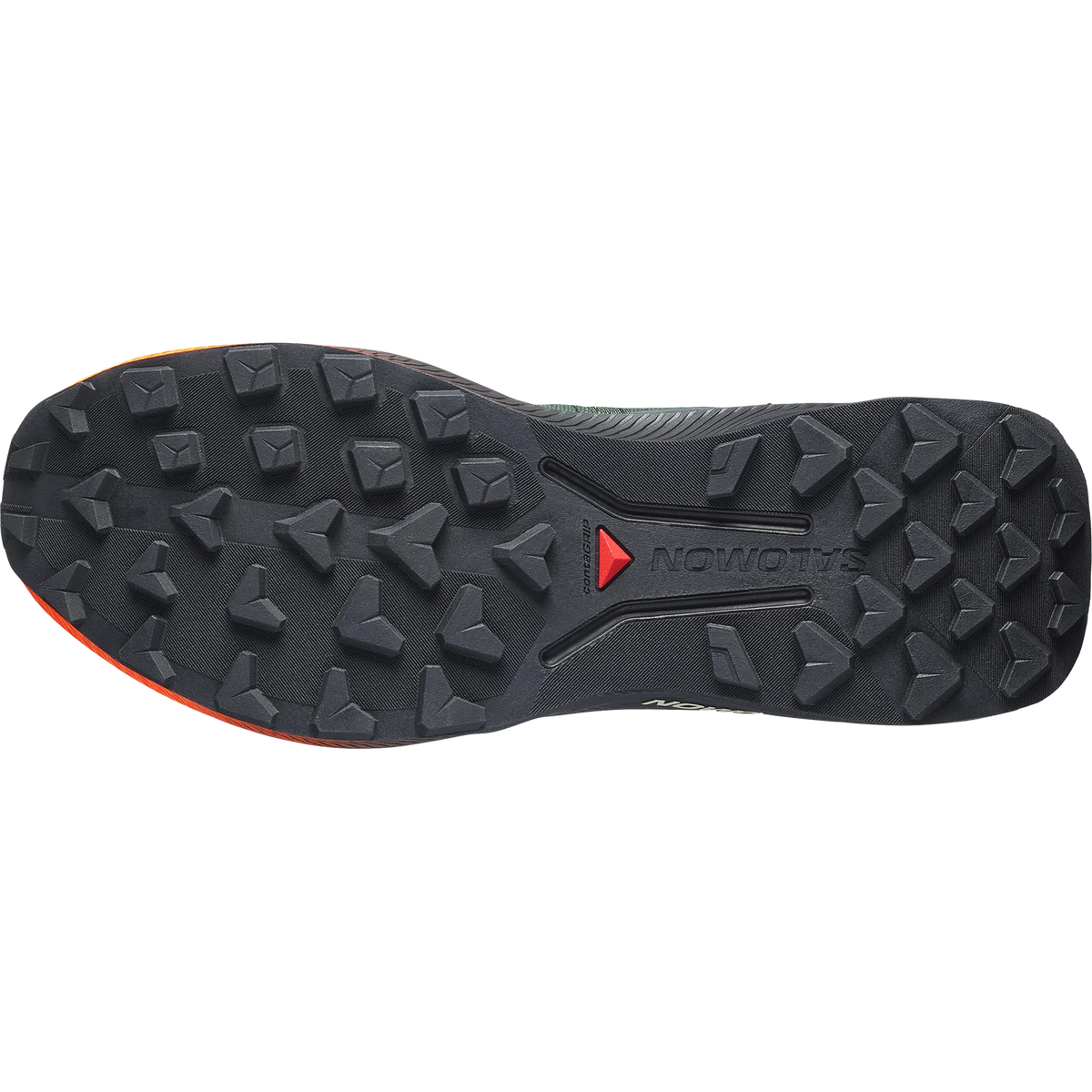 The bottom sole of a Salomon trail running shoe, showing a black textured tread pattern with a small red Salomon logo and a hint of orange on the heel edge, set against a plain white background. - Salomon Genesis 2 Shoes (Men's) - Urban Chic/Black/Lime Cream