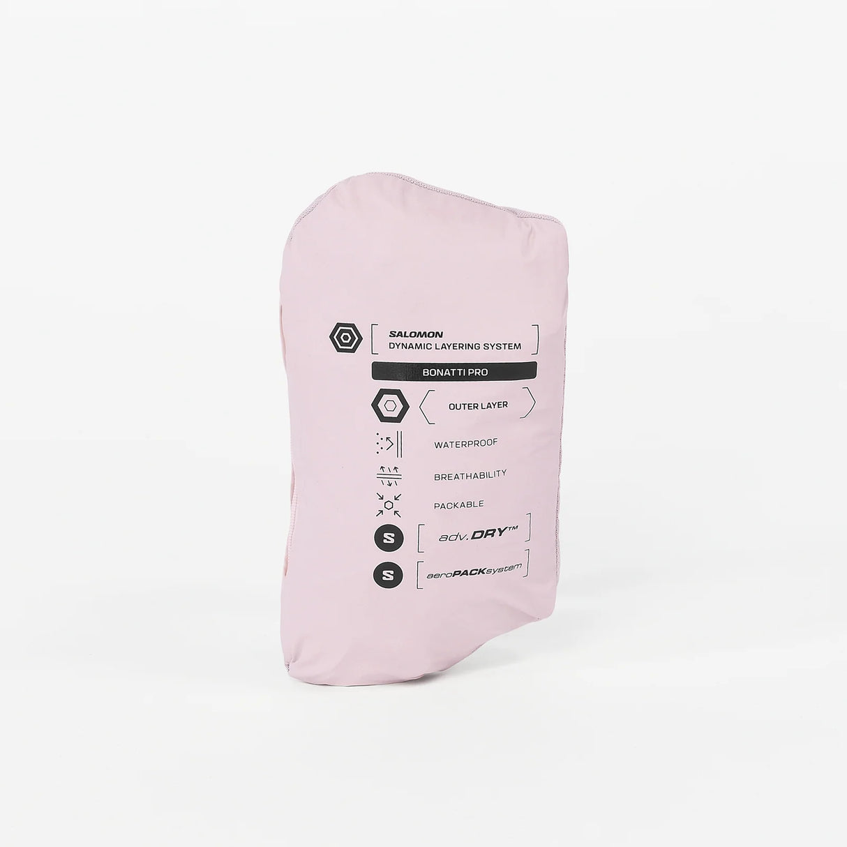 A light pink packed ski jacket from Balmain, sealed in its branded paper sleeve, set against a plain white studio background. - Salomon Bonatti Pro Jacket (Women's) - Icy Pink
