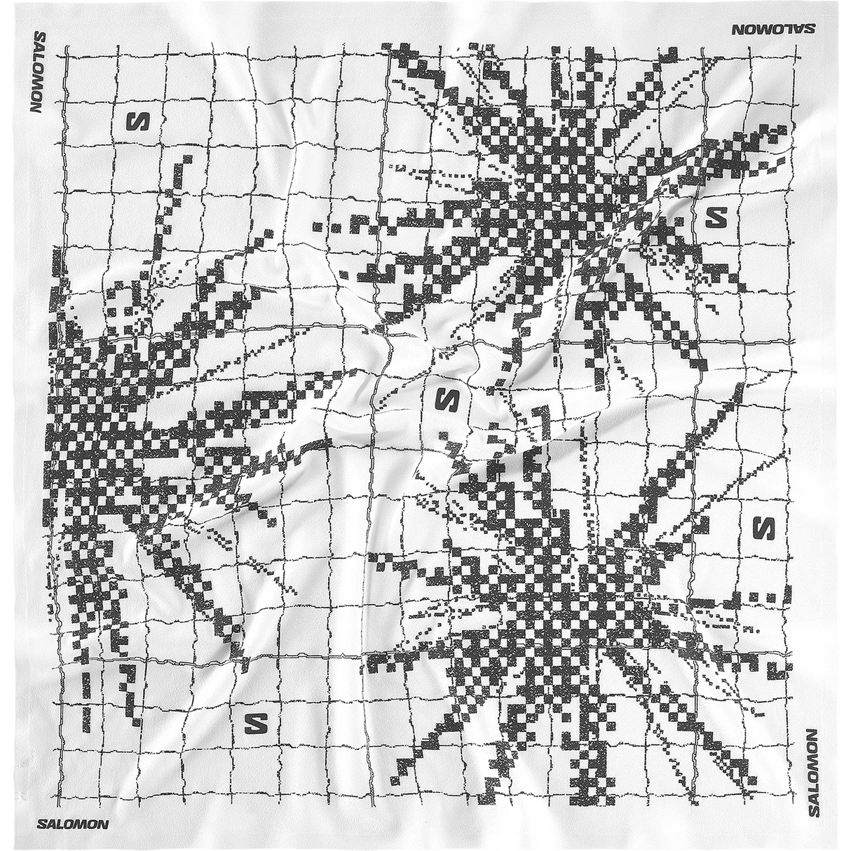 A square black-and-white printed artwork or poster featuring a crisscross grid with pixelated burst patterns and the word 'SALOMON' repeated around the border, with 'NOWOTYRS' at the top right. - Salomon Bandana Graphic (Unisex) - Whisper White/Deep Black