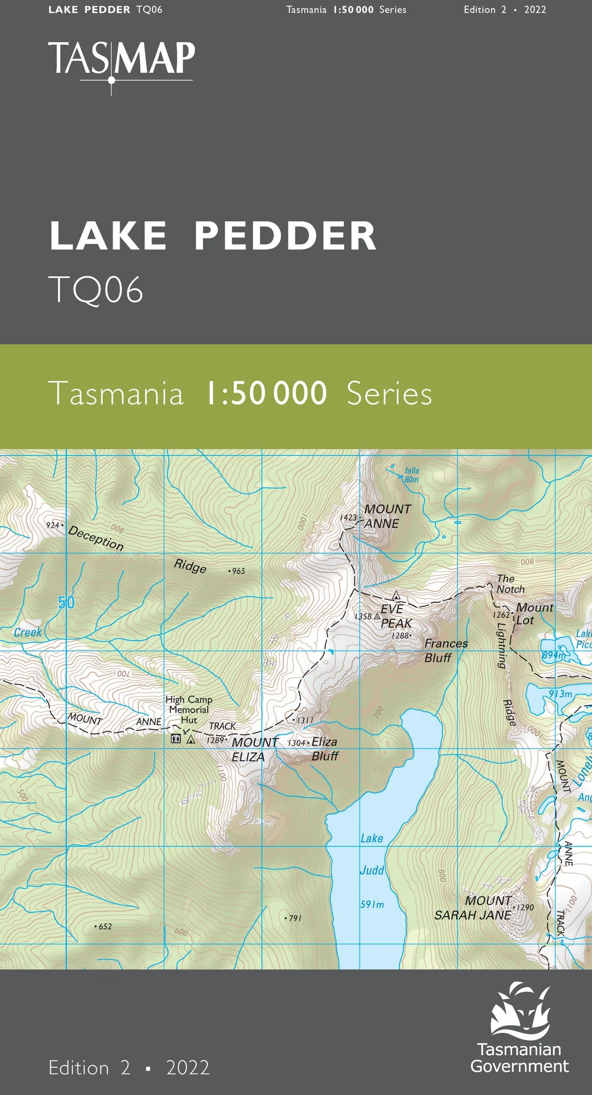 Map of Lake Pedder with a Tasmap logo and map series details. - Tasmap 1:50000 Topographic/Cadastral Maps - Lake Pedder