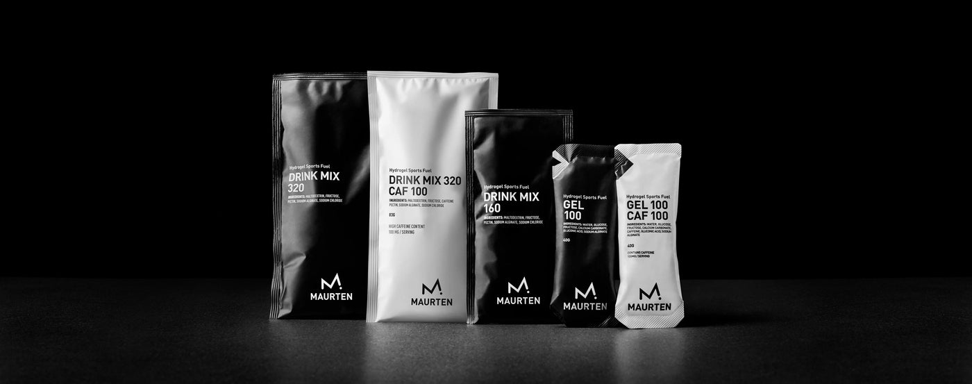 Set of maurten nutrition with visible brand logo on a dark background