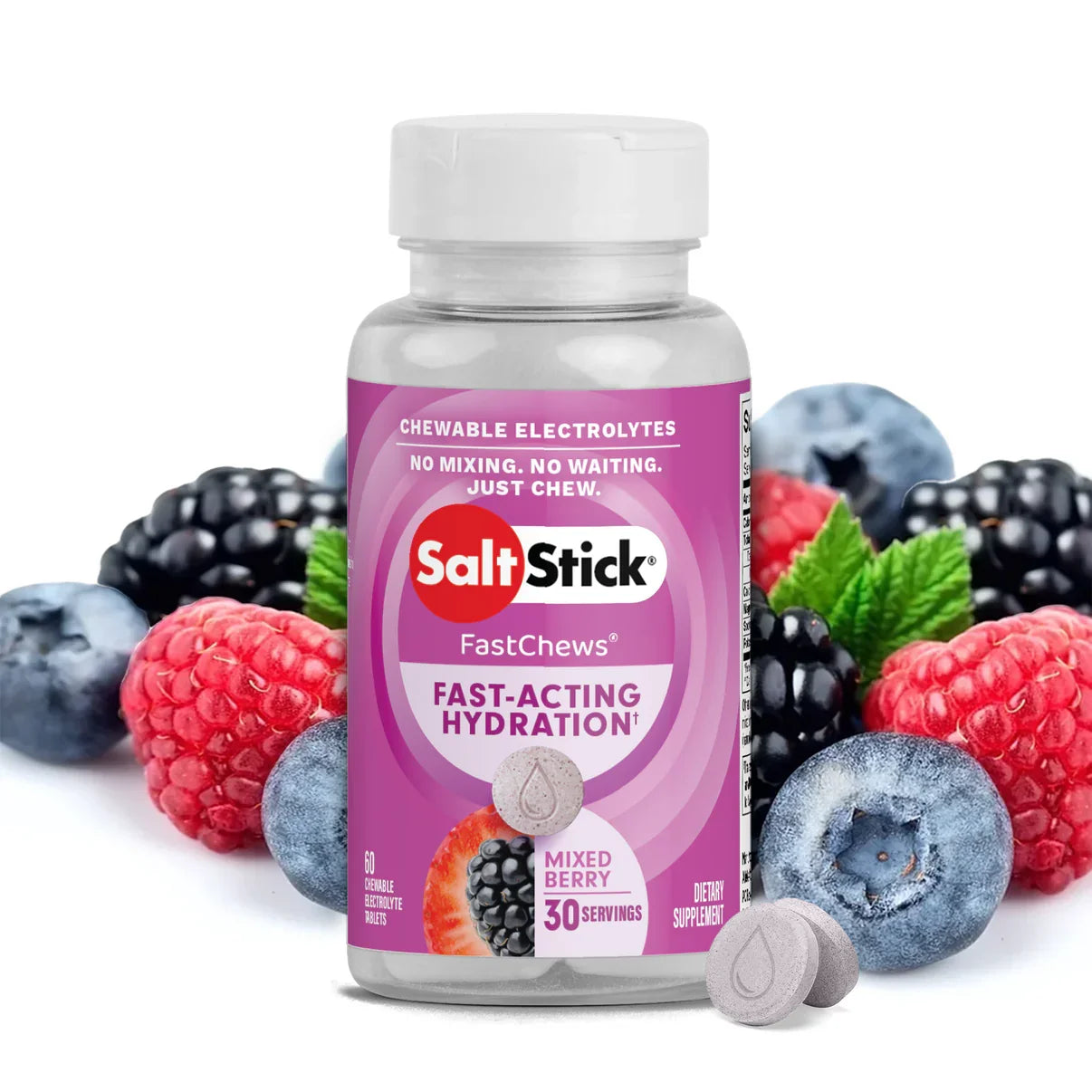 SaltStick FastChews bottle with mixed berries on a white background - SaltStick FastChews - Mixed Berry Bottle