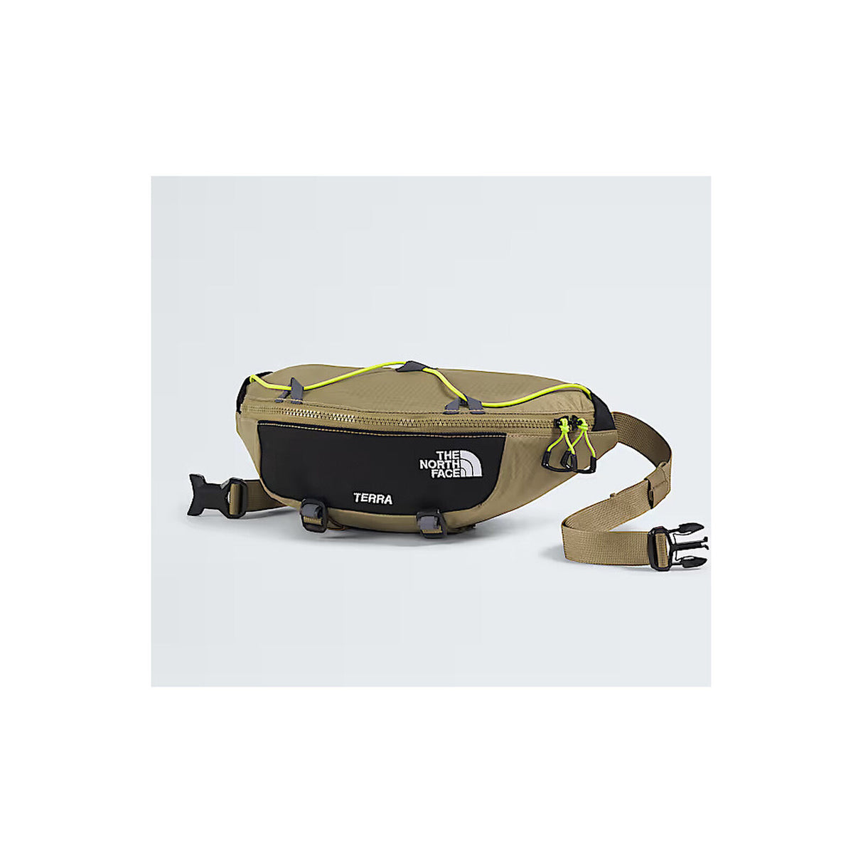 Tan waist bag with black strap and 'The North Face' logo on a white - The North Face Terra Lumbar 6L - Cedar/TNF Black/Fizz Limebackground