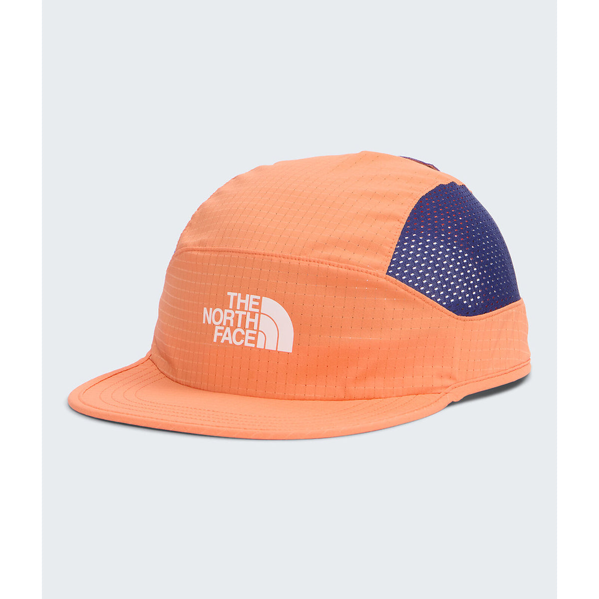 An orange The North Face 5-panel running cap with a white logo on the front and a navy blue perforated mesh side panel, shown on a light gray background. - The North Face Summer LIGHTRANGE Run Hat - Papaya